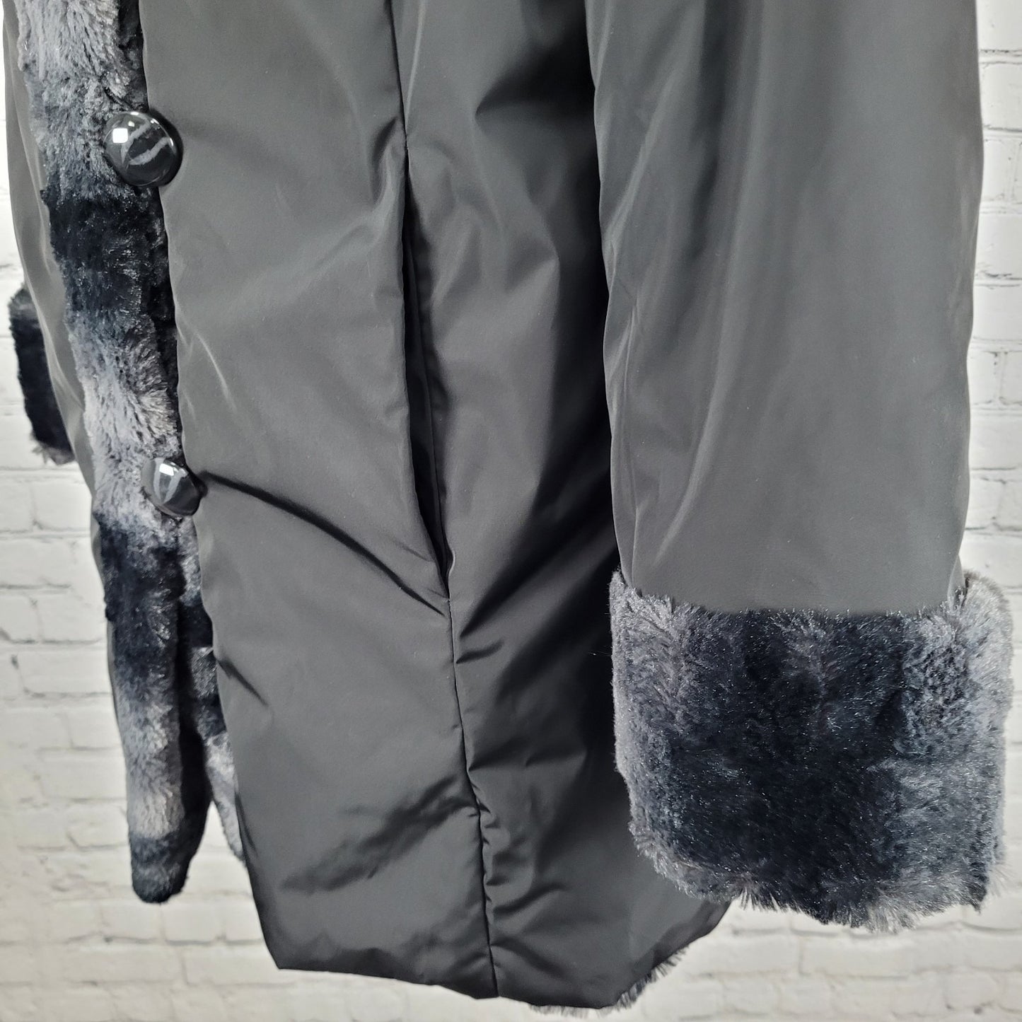 Hal Rubenstein Black & Grey Soft Faux Fur Reversible Hooded Coat Size Medium M
