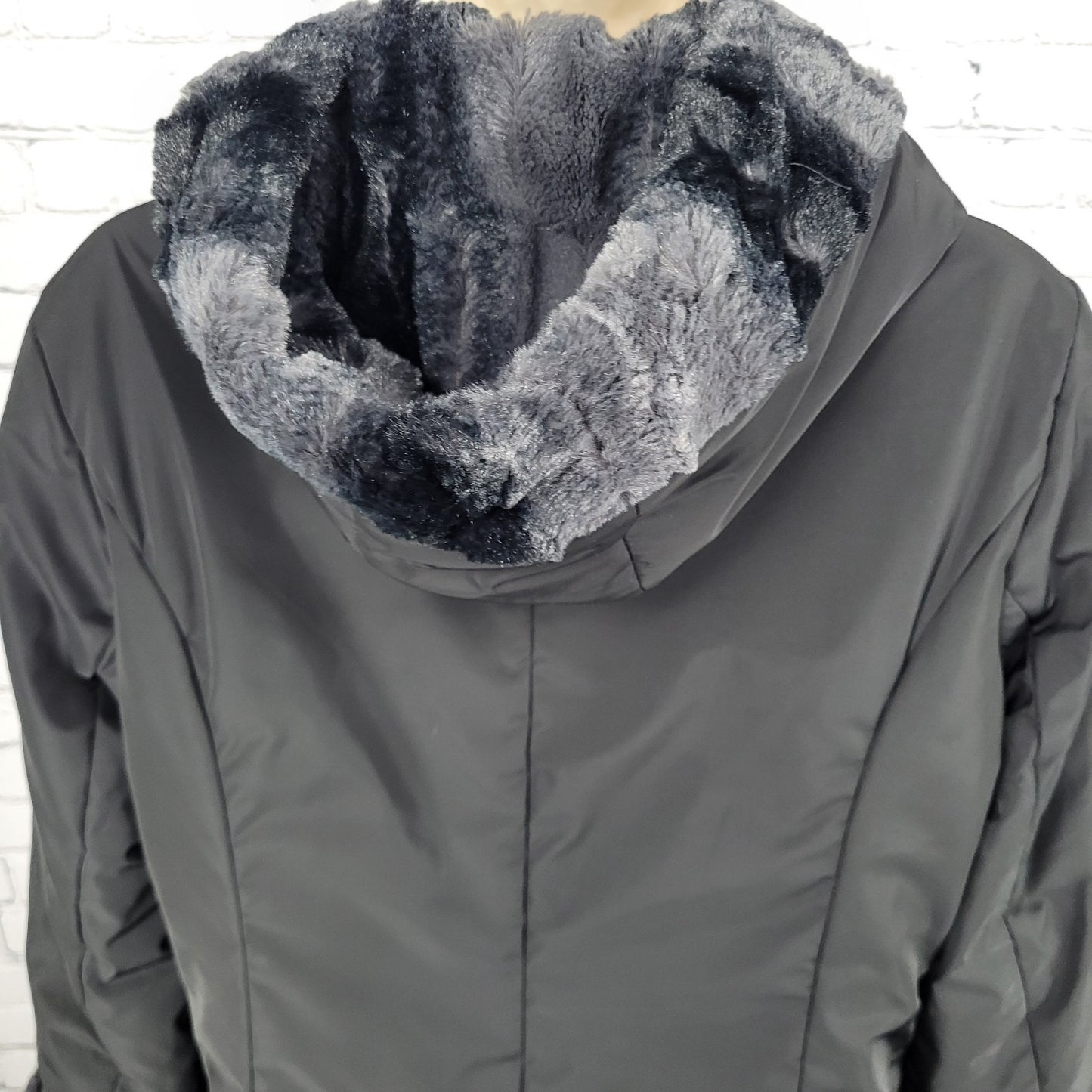 Hal Rubenstein Black & Grey Soft Faux Fur Reversible Hooded Coat Size Medium M