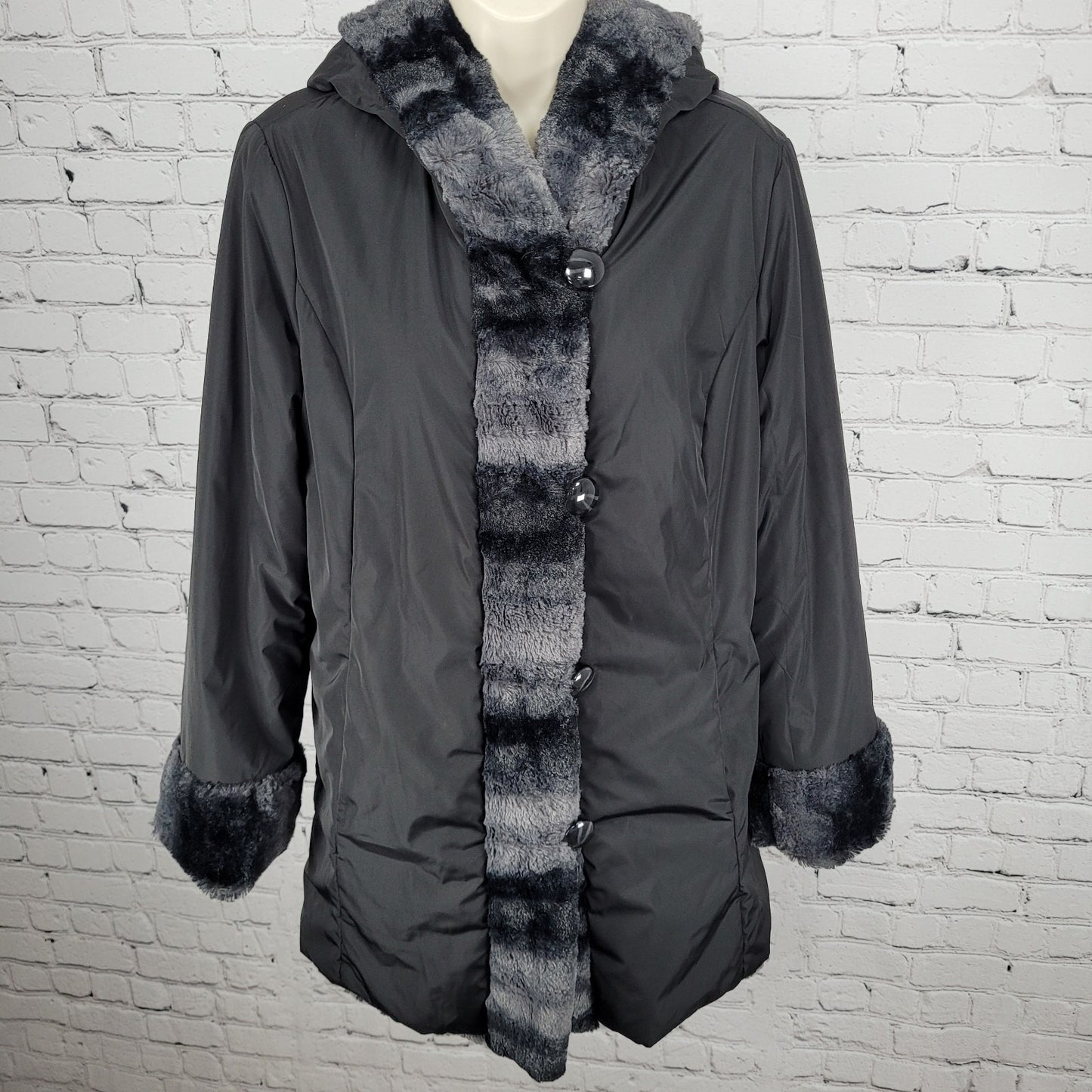 Hal Rubenstein Black & Grey Soft Faux Fur Reversible Hooded Coat Size Medium M