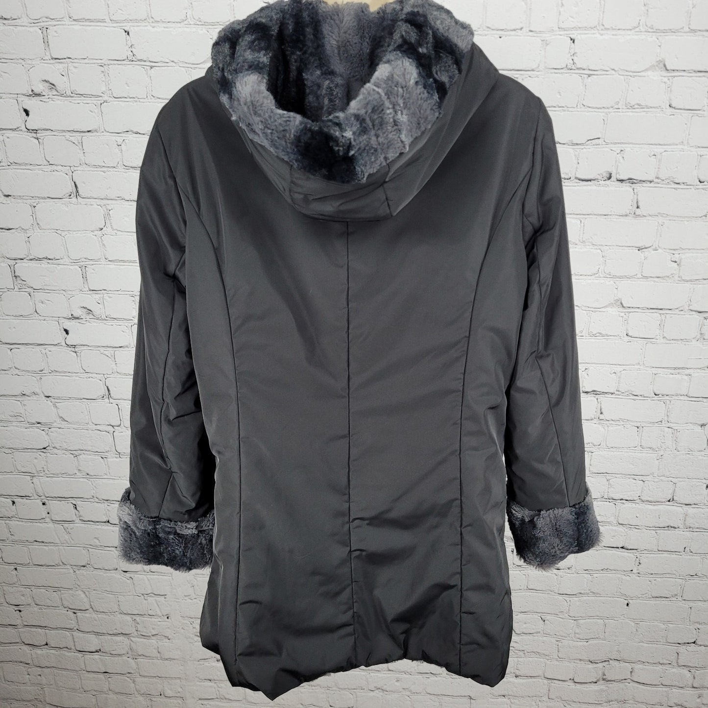 Hal Rubenstein Black & Grey Soft Faux Fur Reversible Hooded Coat Size Medium M