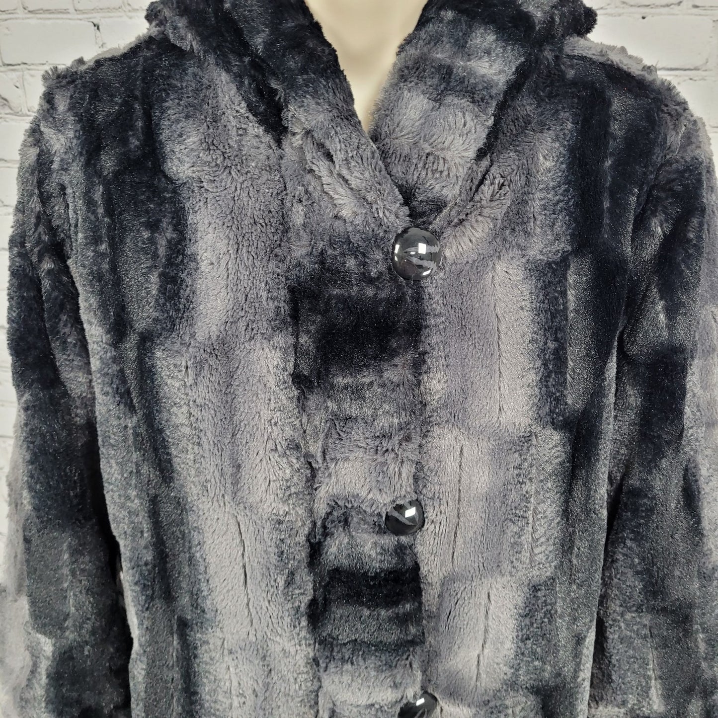 Hal Rubenstein Black & Grey Soft Faux Fur Reversible Hooded Coat Size Medium M