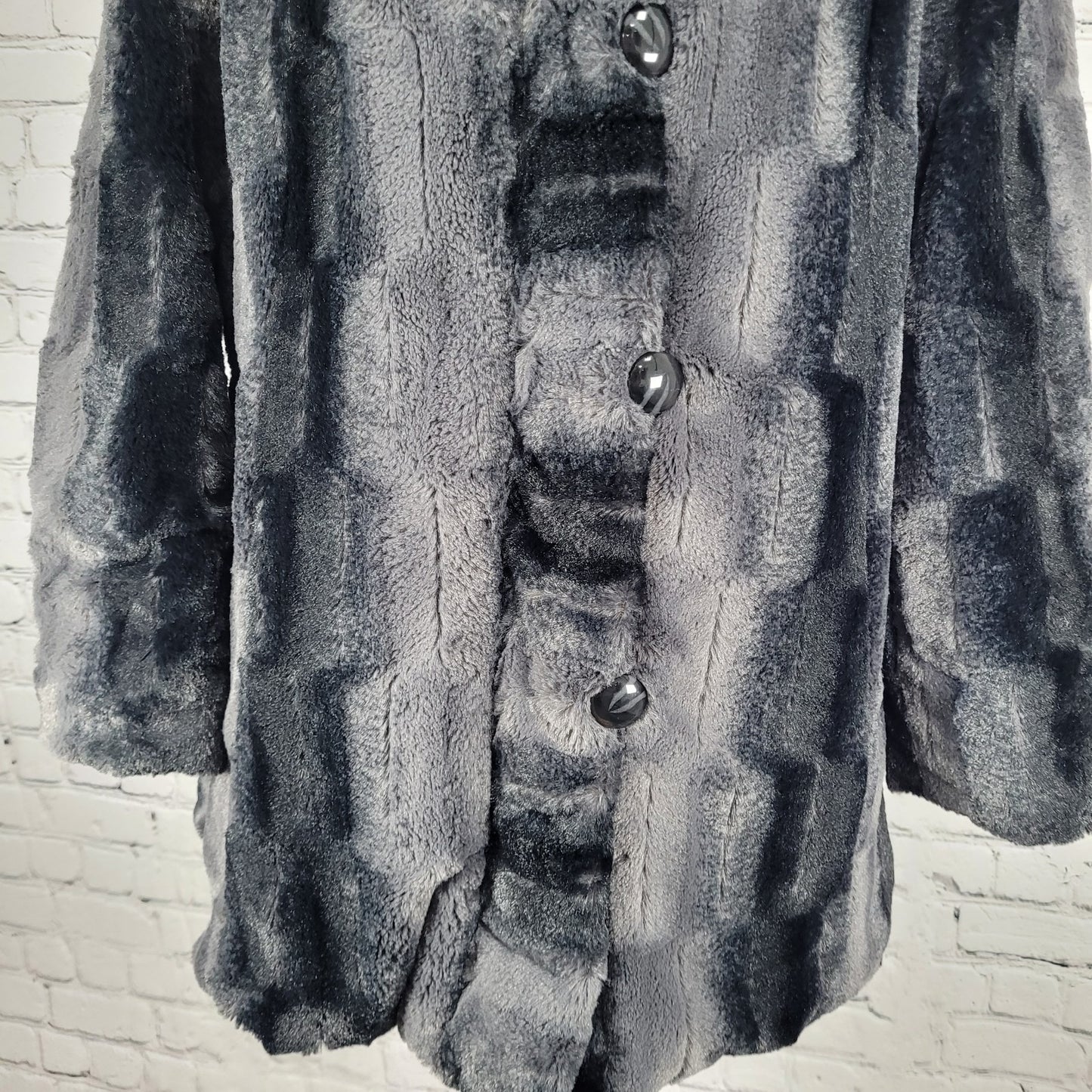 Hal Rubenstein Black & Grey Soft Faux Fur Reversible Hooded Coat Size Medium M