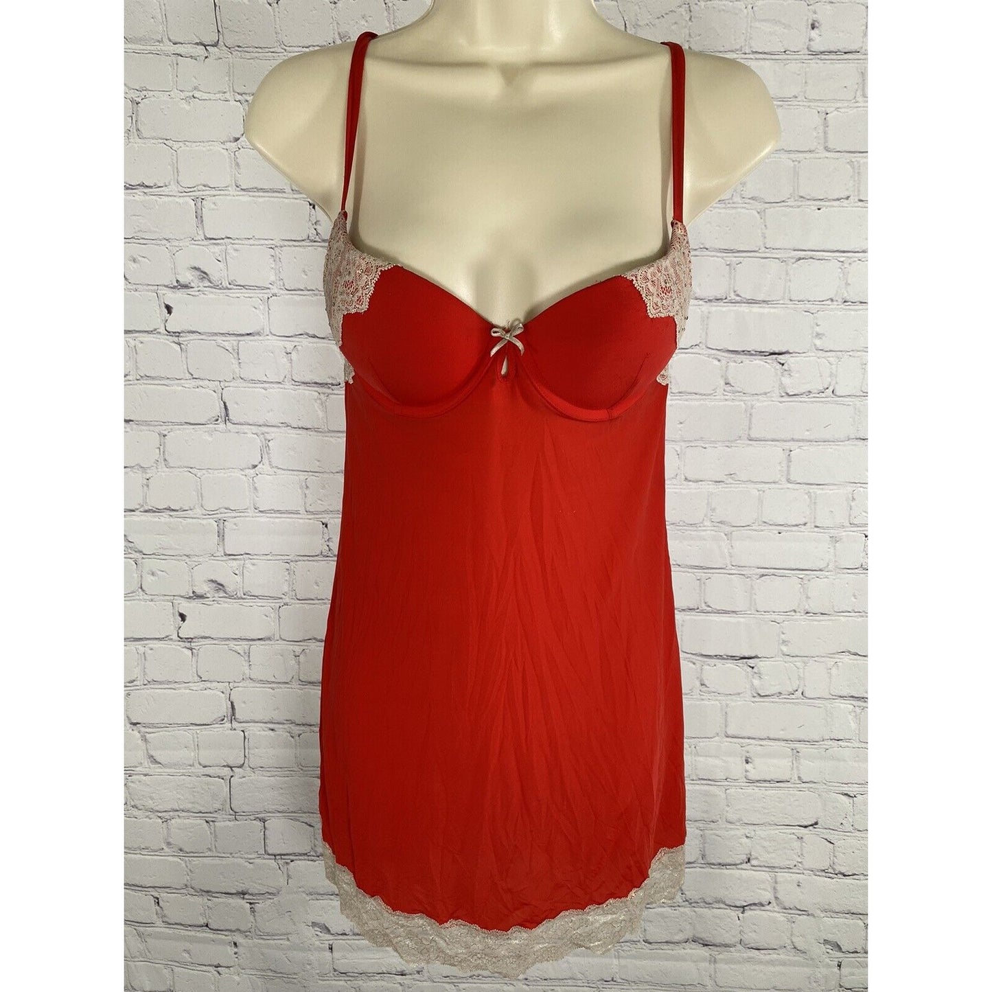 Victoria’s Secret Red Padded Babydoll Nightie Lace Rhinestones 34B