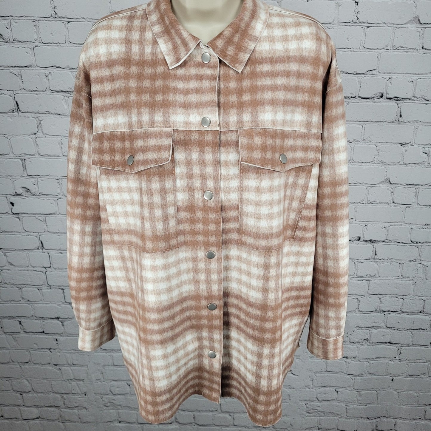 Zara Tan Check Oversized Boxy Snap Up Shacket Lightweight Jacket Size Medium M