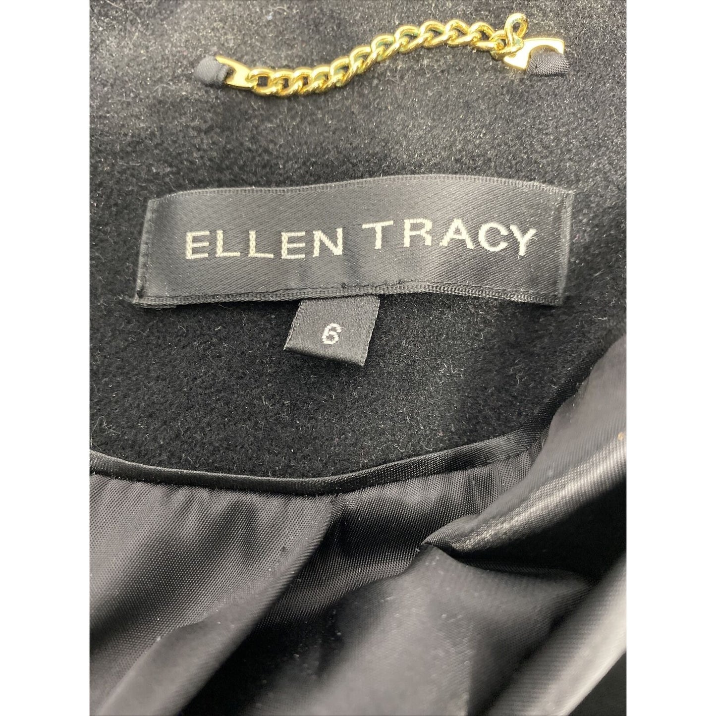 Ellen Tracy Black Wool Blend Collared 4 Button Overcoat Jacket Pockets Size 6