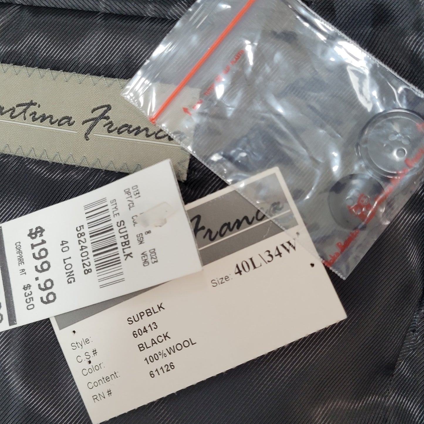 Martina Franca Black 100% Wool 3 Button Blazer Pants 2 Piece Suit 40L (34x32.5)