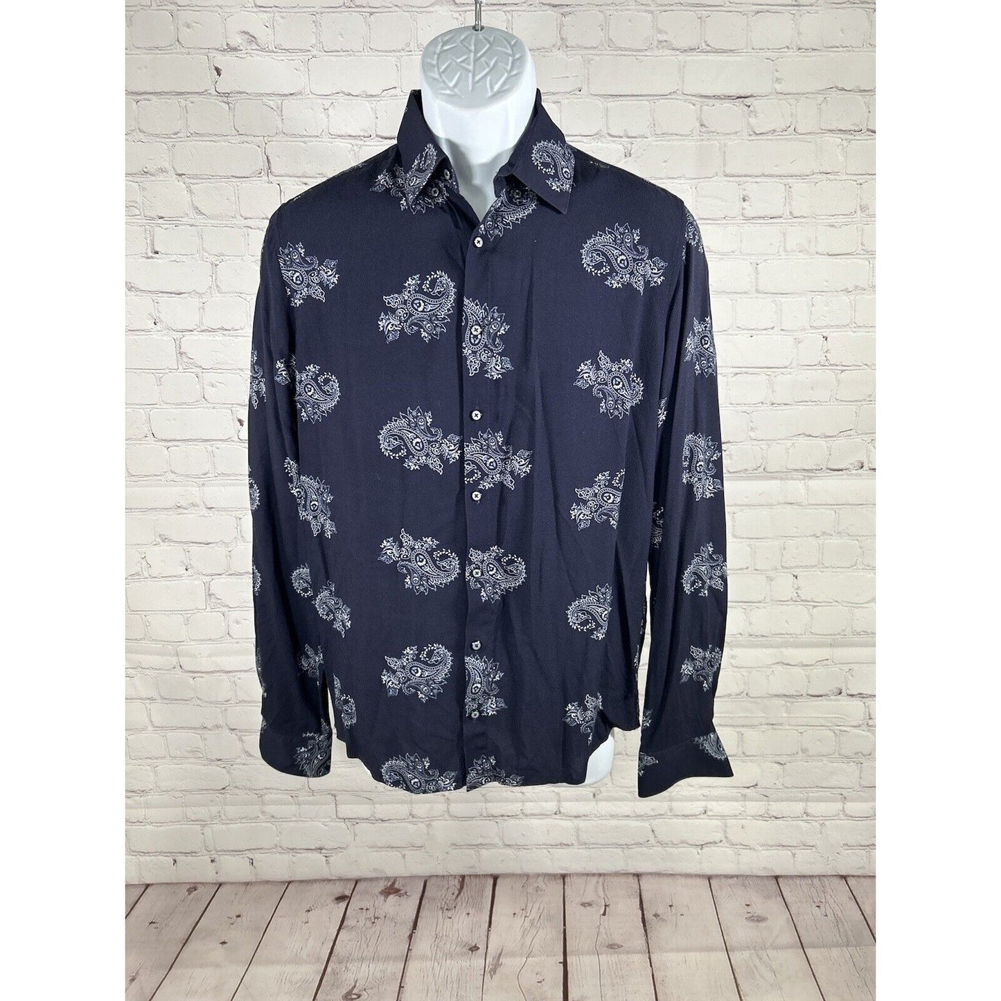 Politix Friday Night Shirt Navy Blue Paisley Long Sleeve Button Up Shirt Men’s S