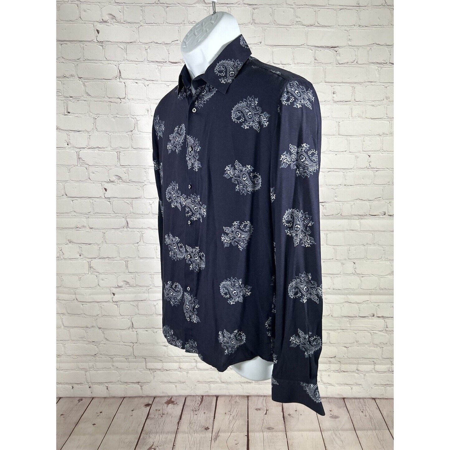 Politix Friday Night Shirt Navy Blue Paisley Long Sleeve Button Up Shirt Men’s S