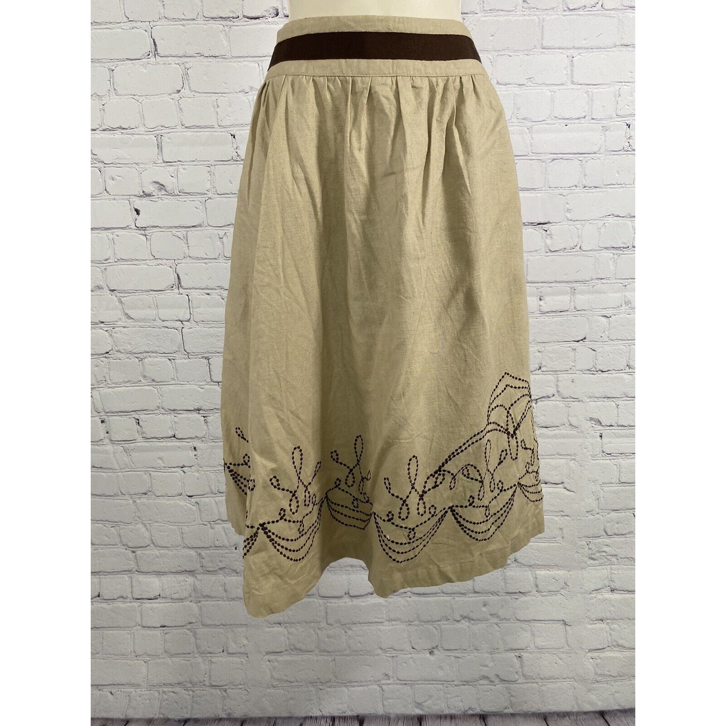 Hillard & Hanson Brown Beige Linen Embroidered Mid Length Skirt Size 6 *READ*