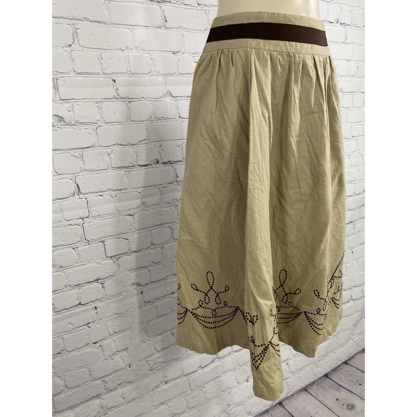 Hillard & Hanson Brown Beige Linen Embroidered Mid Length Skirt Size 6 *READ*