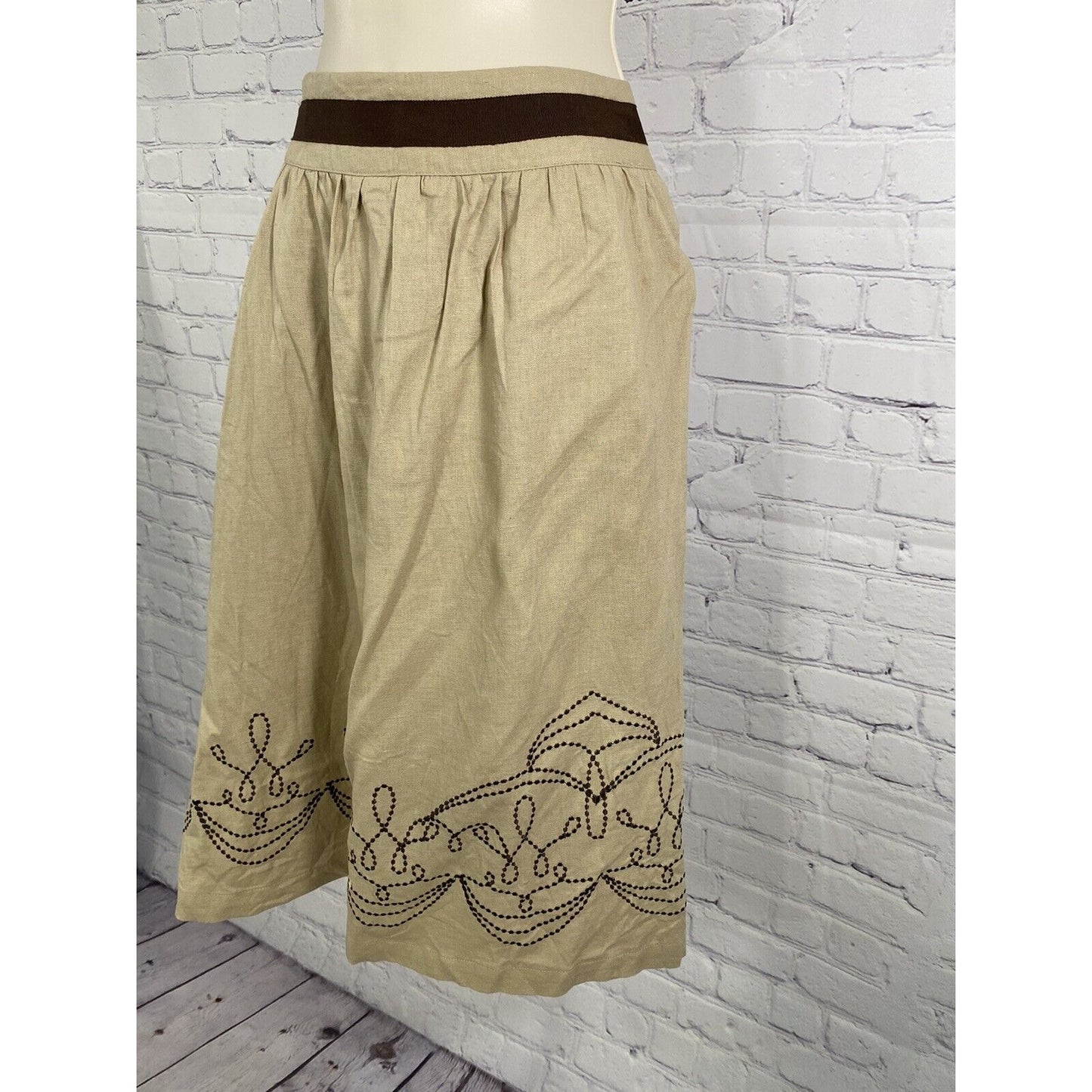 Hillard & Hanson Brown Beige Linen Embroidered Mid Length Skirt Size 6 *READ*