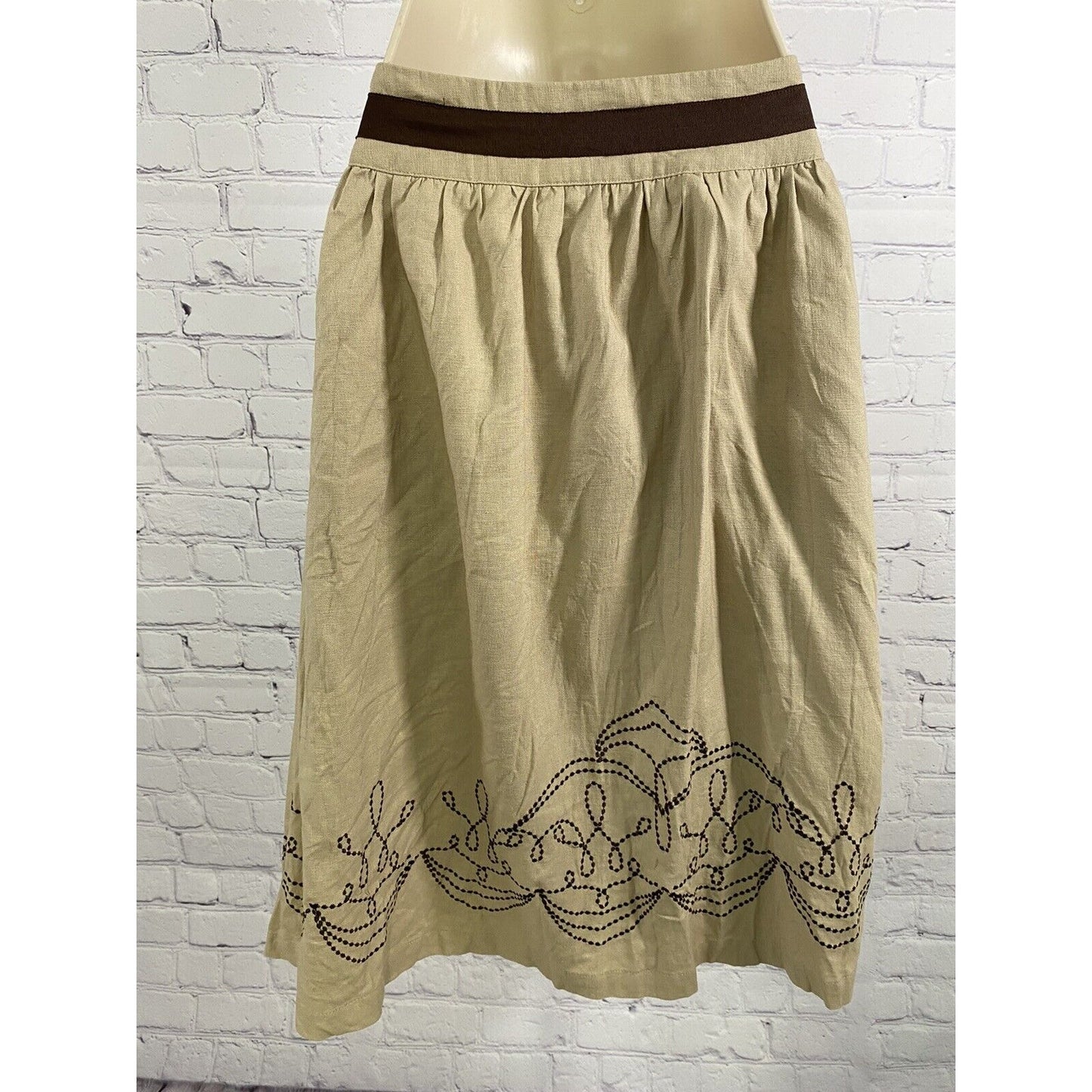 Hillard & Hanson Brown Beige Linen Embroidered Mid Length Skirt Size 6 *READ*