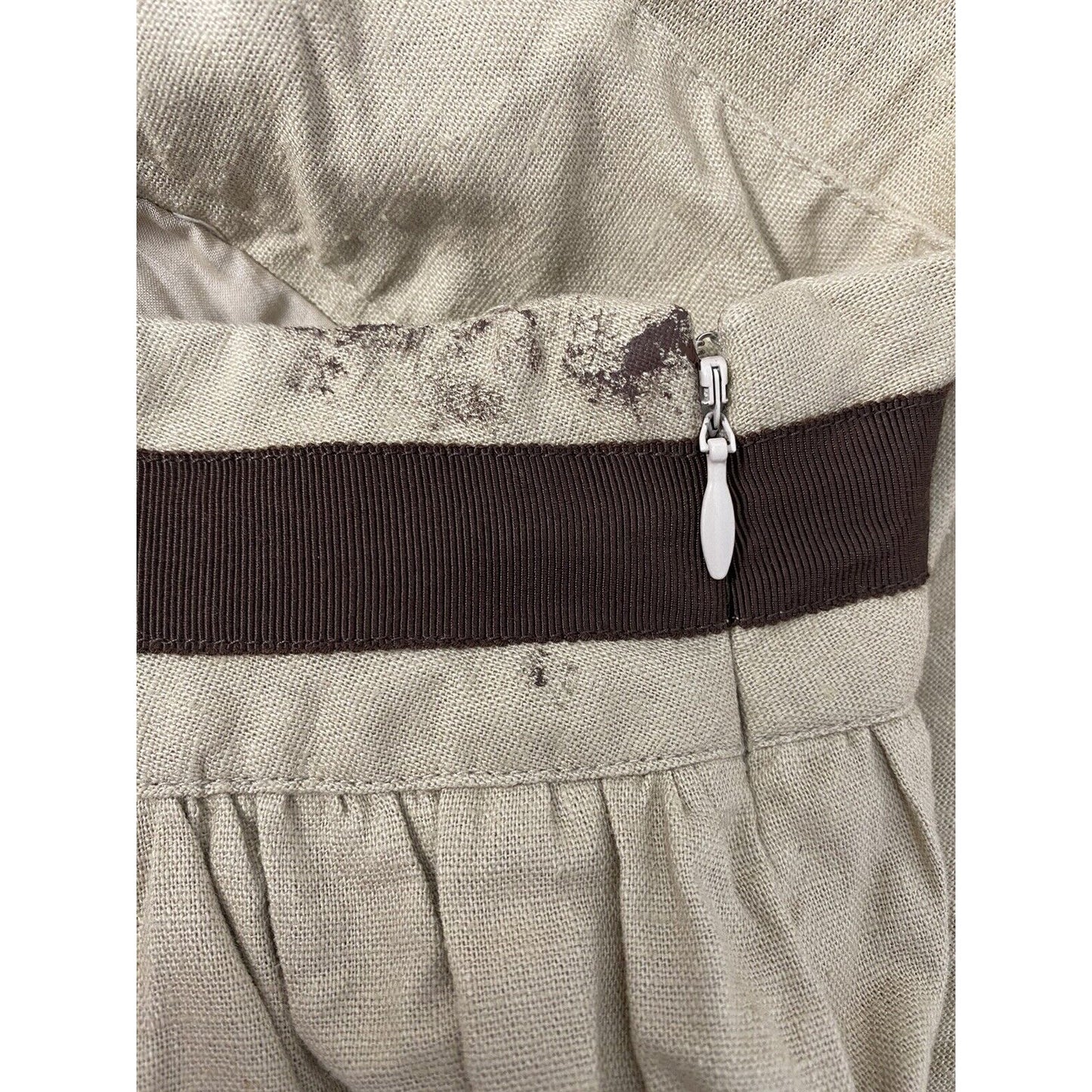 Hillard & Hanson Brown Beige Linen Embroidered Mid Length Skirt Size 6 *READ*