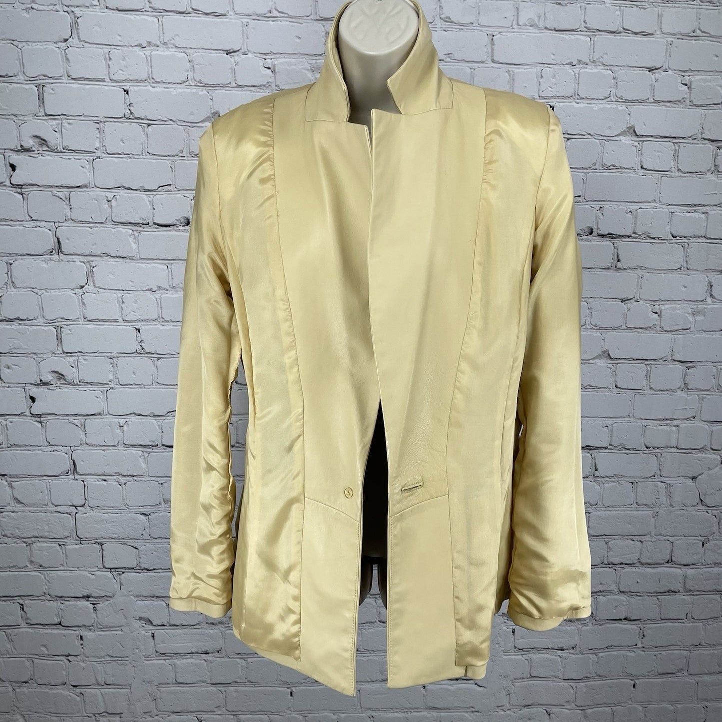 Dana Buchman Pale Yellow Leather 1 Button Blazer Jacket Pockets Lined Size 10