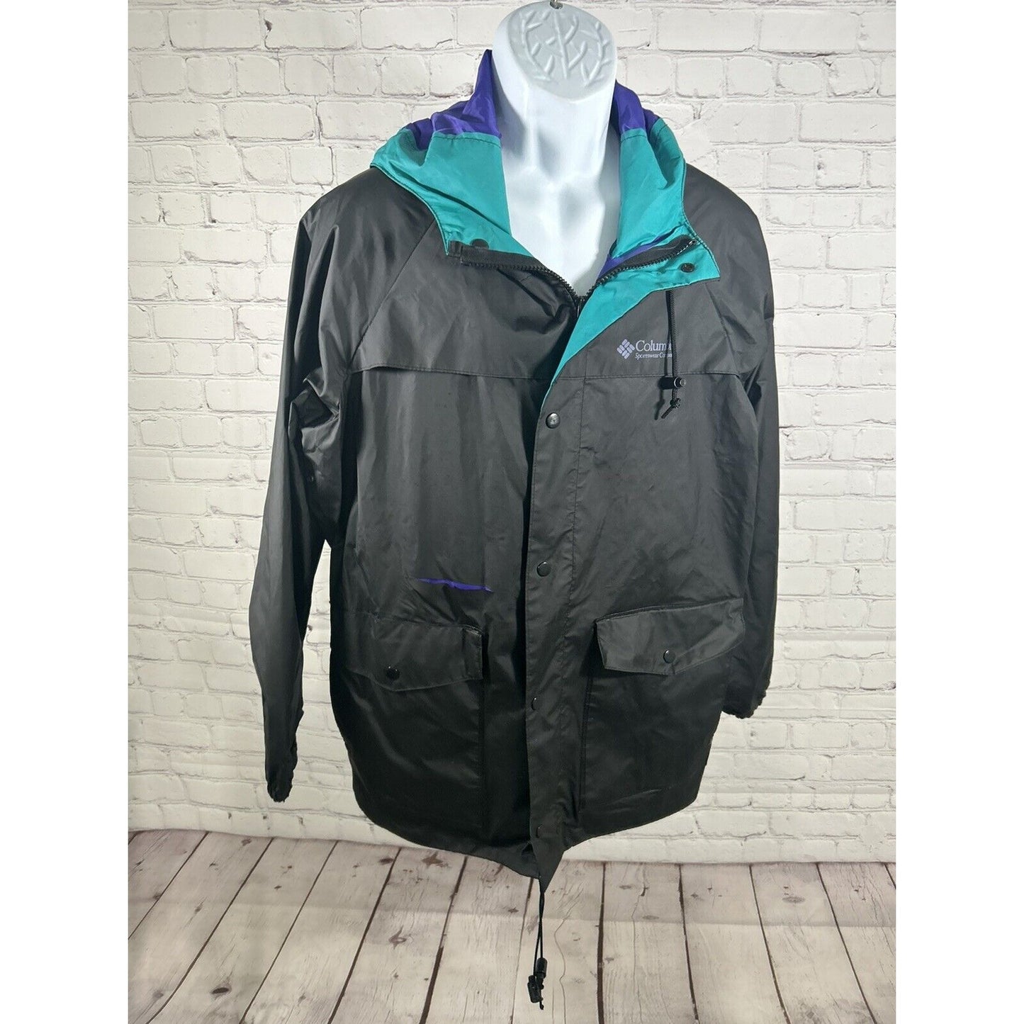 VTG 80s Columbia Soft Bill Hood Rain Jacket Full Zip Retro Men’s Size M *Hole