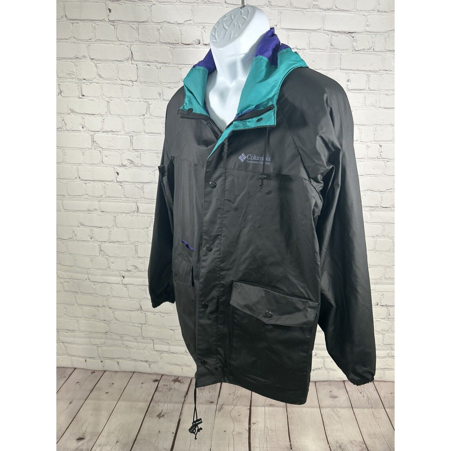 VTG 80s Columbia Soft Bill Hood Rain Jacket Full Zip Retro Men’s Size M *Hole