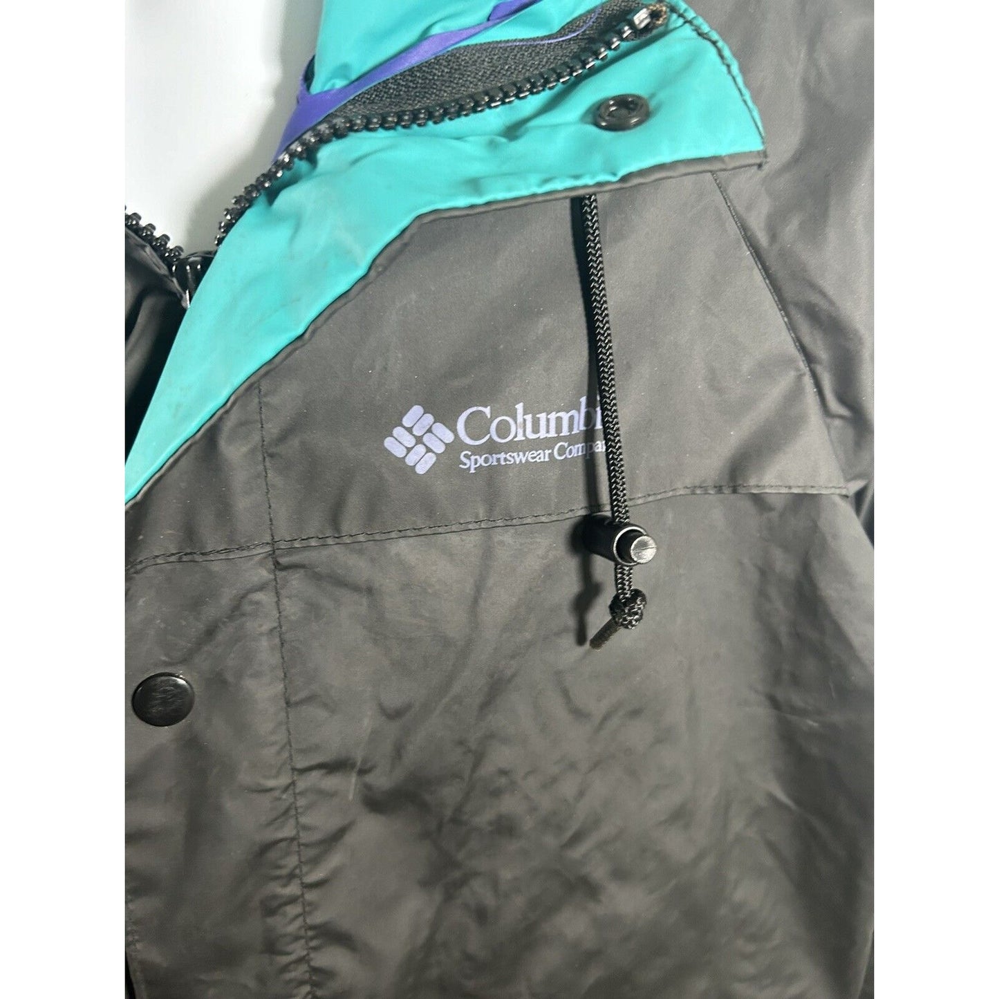 VTG 80s Columbia Soft Bill Hood Rain Jacket Full Zip Retro Men’s Size M *Hole