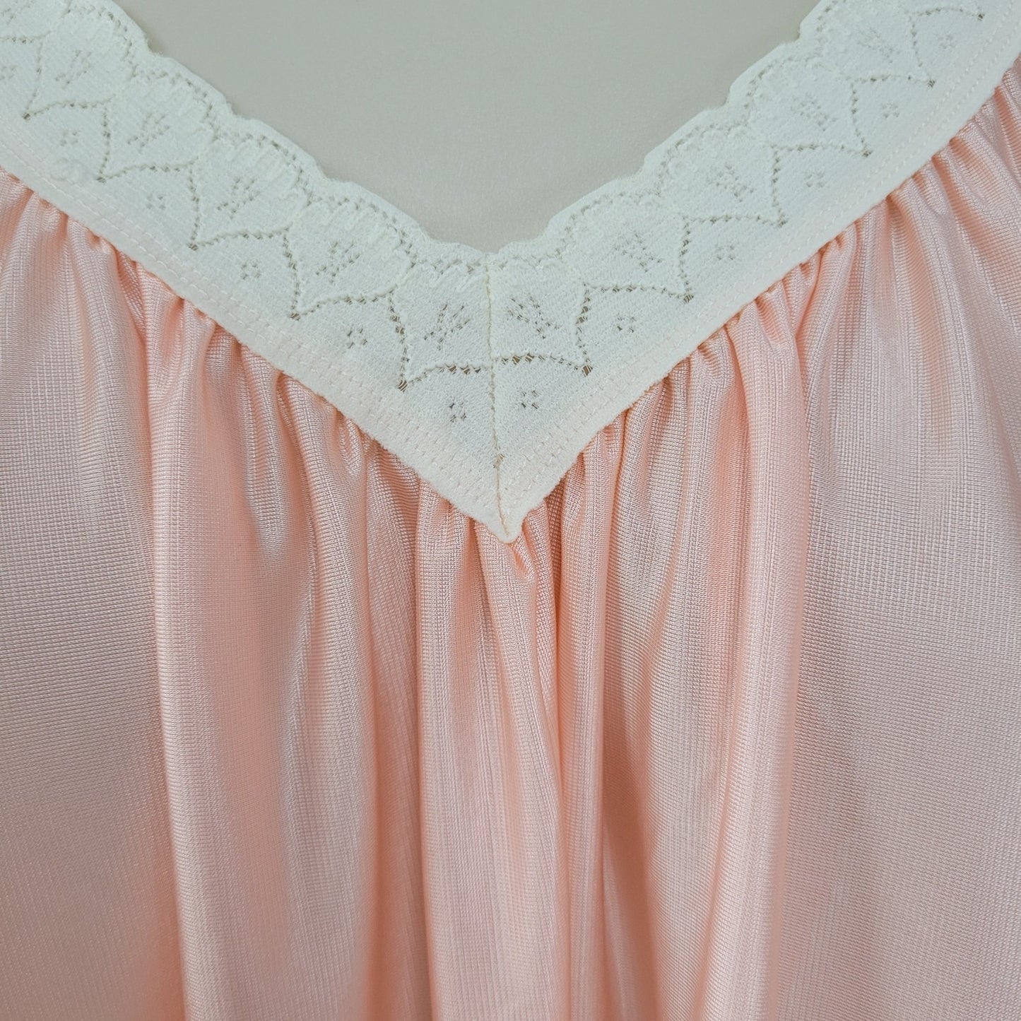 VTG Crown Nitewear Pink Satin Ruched Lace Trim Maxi Nightgown USA Made O/S