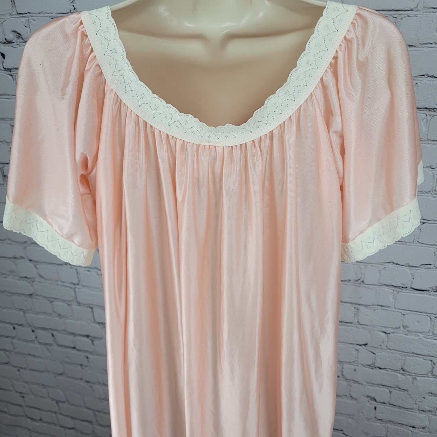 VTG Crown Nitewear Pink Satin Ruched Lace Trim Maxi Nightgown USA Made O/S