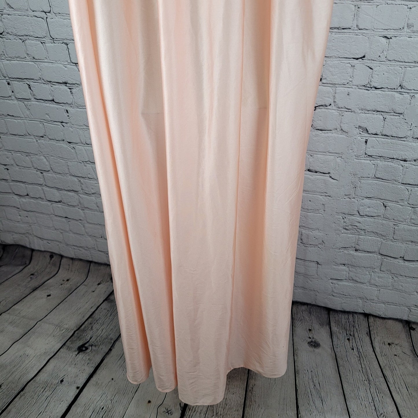 VTG Crown Nitewear Pink Satin Ruched Lace Trim Maxi Nightgown USA Made O/S