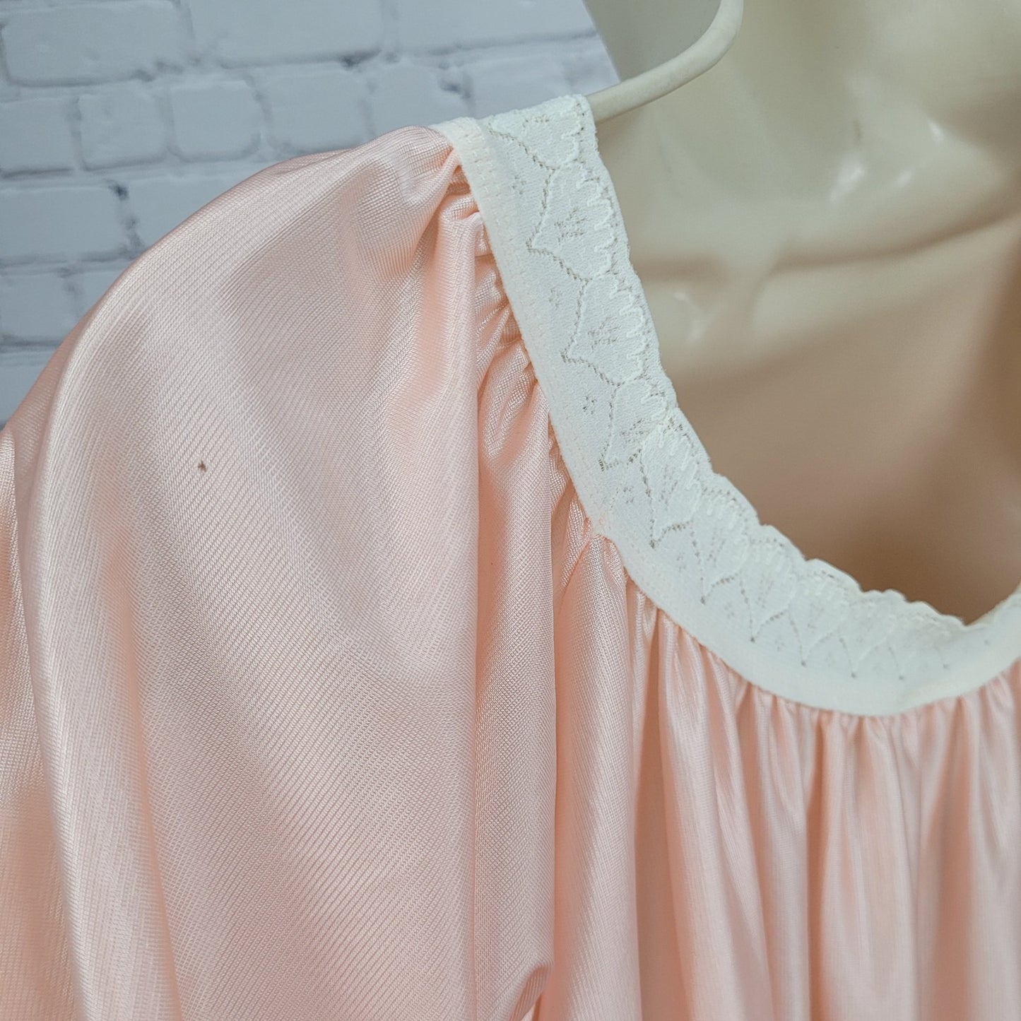 VTG Crown Nitewear Pink Satin Ruched Lace Trim Maxi Nightgown USA Made O/S