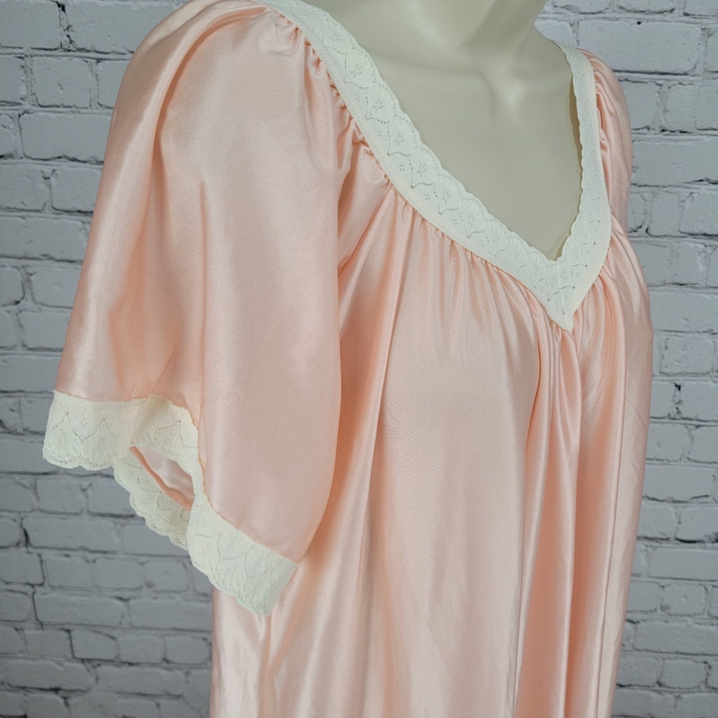 VTG Crown Nitewear Pink Satin Ruched Lace Trim Maxi Nightgown USA Made O/S