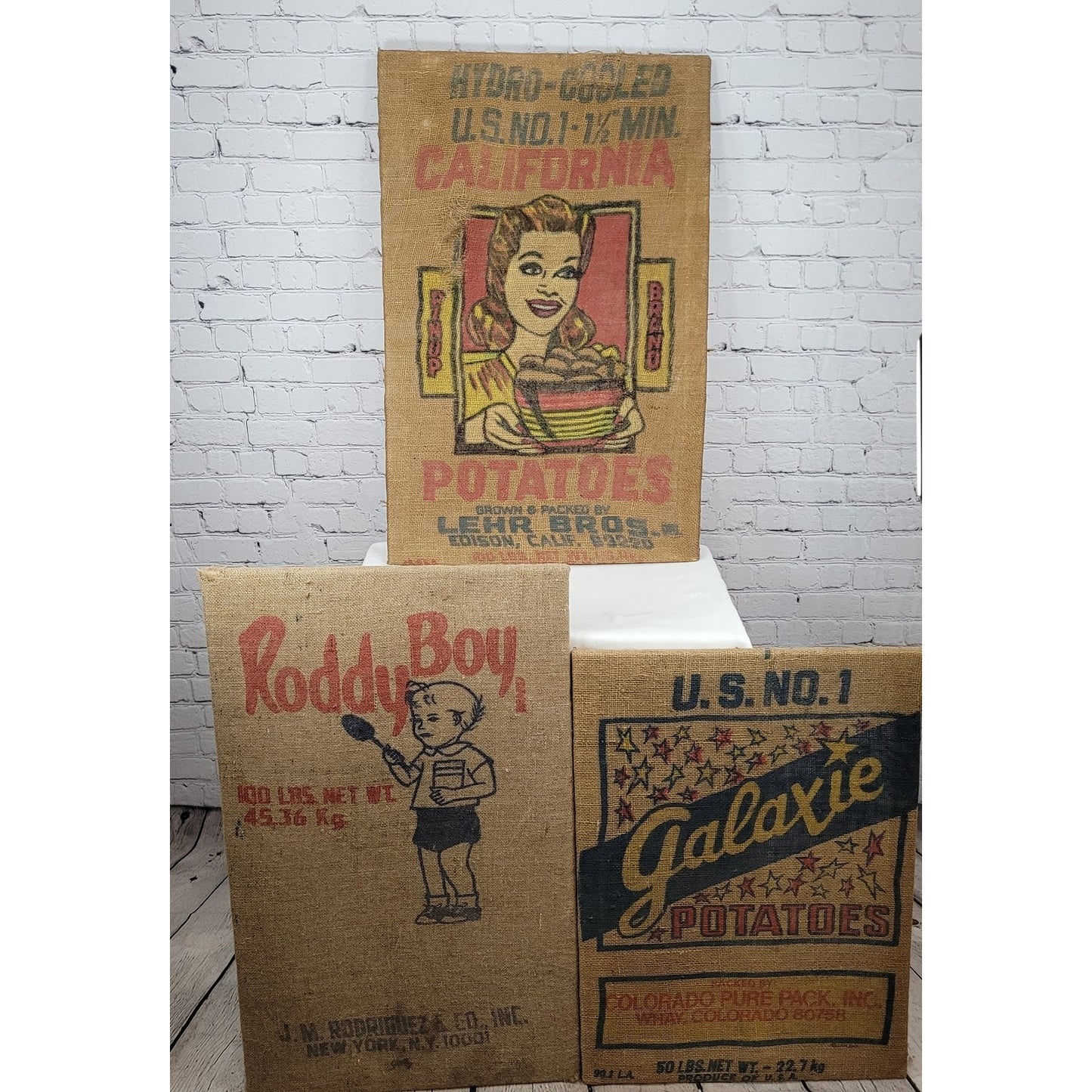 VTG Lot Of 3 CA Pin Up Lehr Bros Roddy Boy Galaxie Potato Burlap Sack Art USA