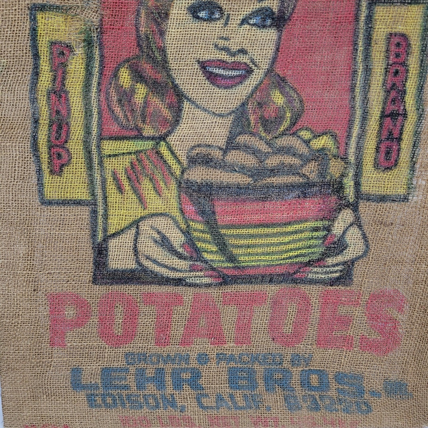 VTG Lot Of 3 CA Pin Up Lehr Bros Roddy Boy Galaxie Potato Burlap Sack Art USA