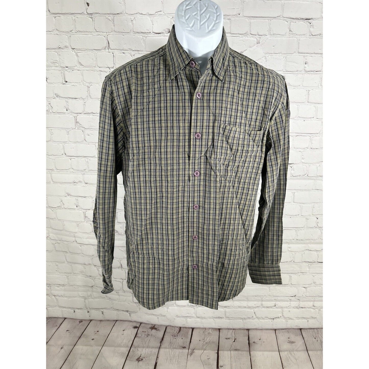 VTG Tommy Bahama Green Grey Plaid Purple Buttons Long Sleeve Collared Shirt S