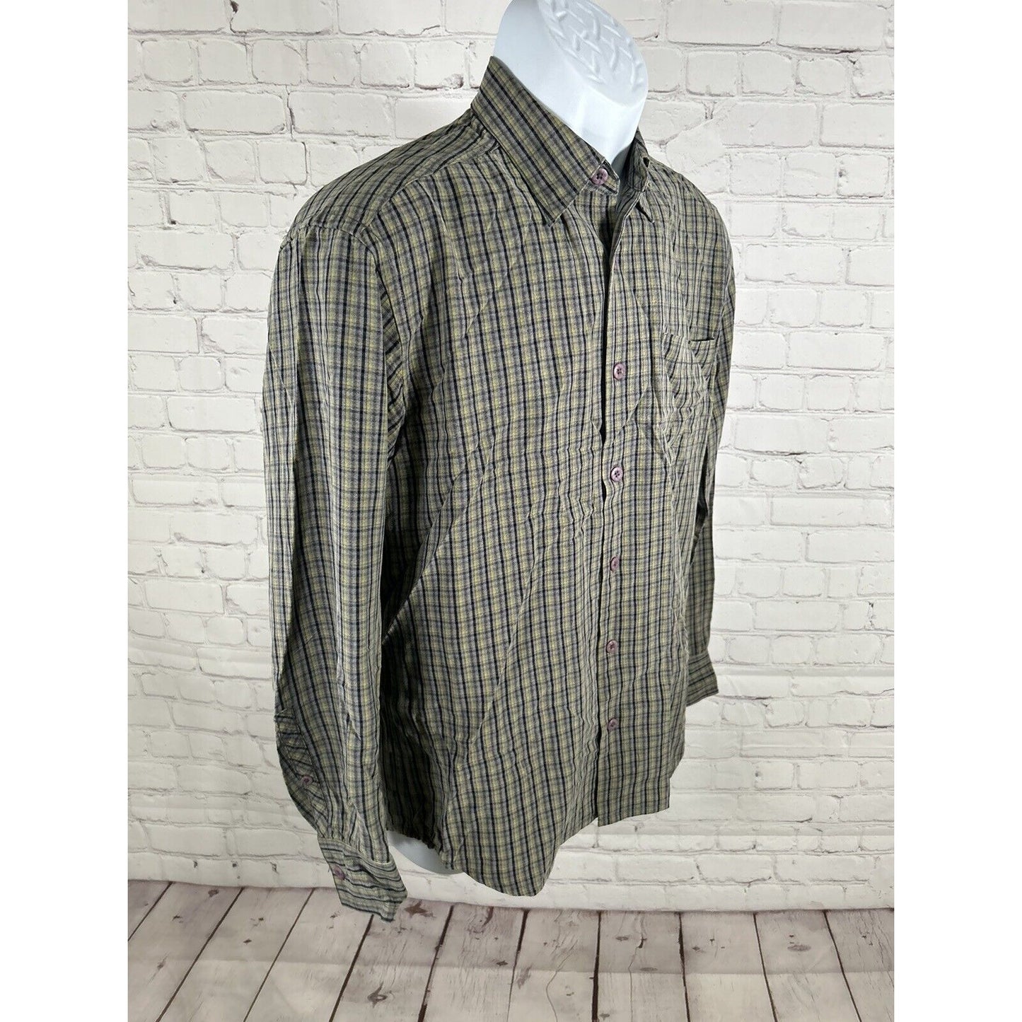 VTG Tommy Bahama Green Grey Plaid Purple Buttons Long Sleeve Collared Shirt S