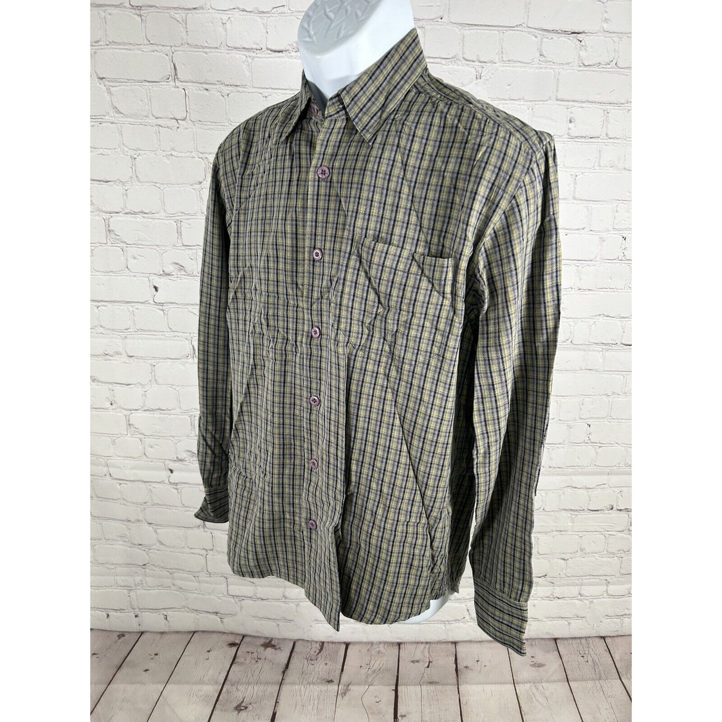 VTG Tommy Bahama Green Grey Plaid Purple Buttons Long Sleeve Collared Shirt S