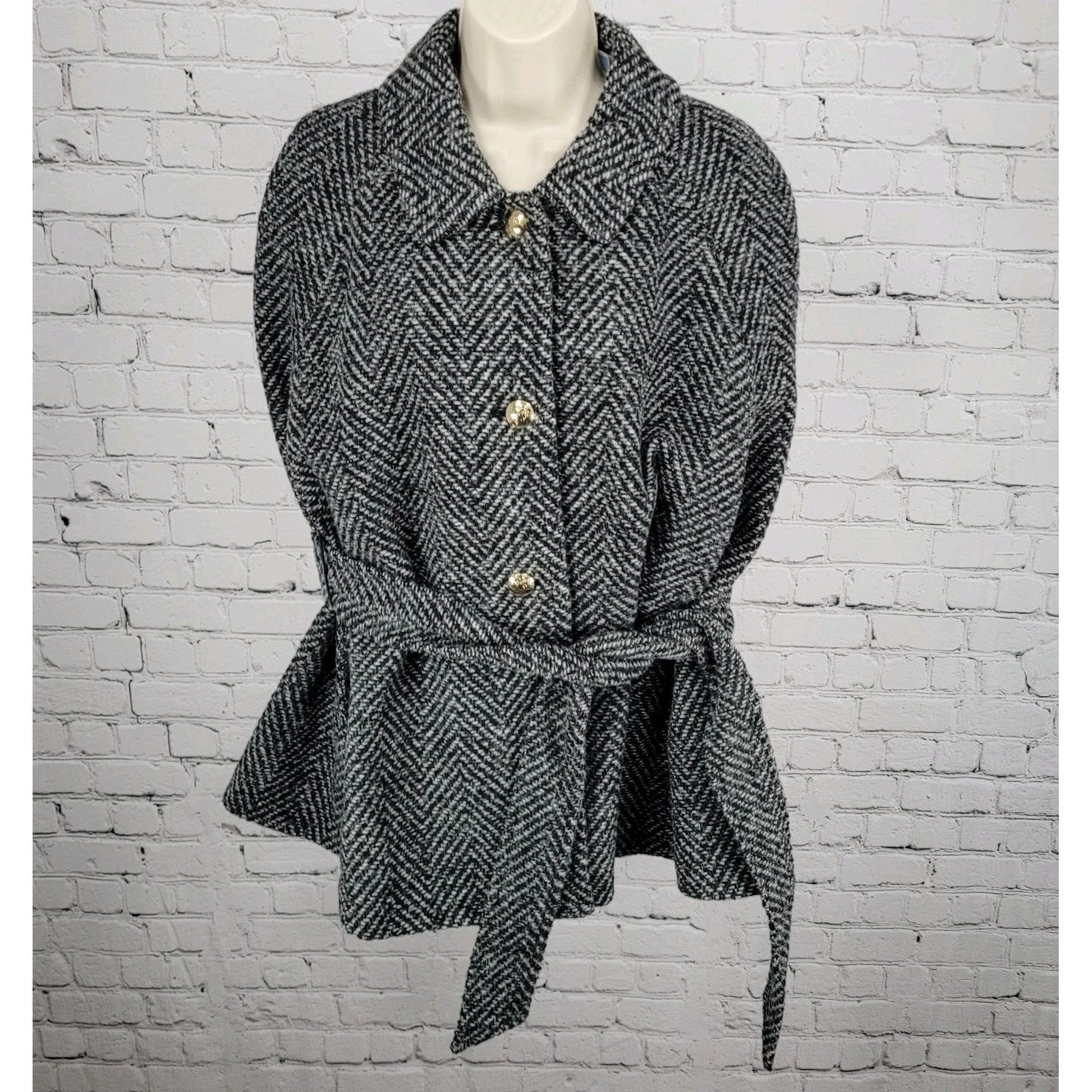 Draper James Black White Wool Blend Tweed Belted Sleeveless Cape Coat Size M/L