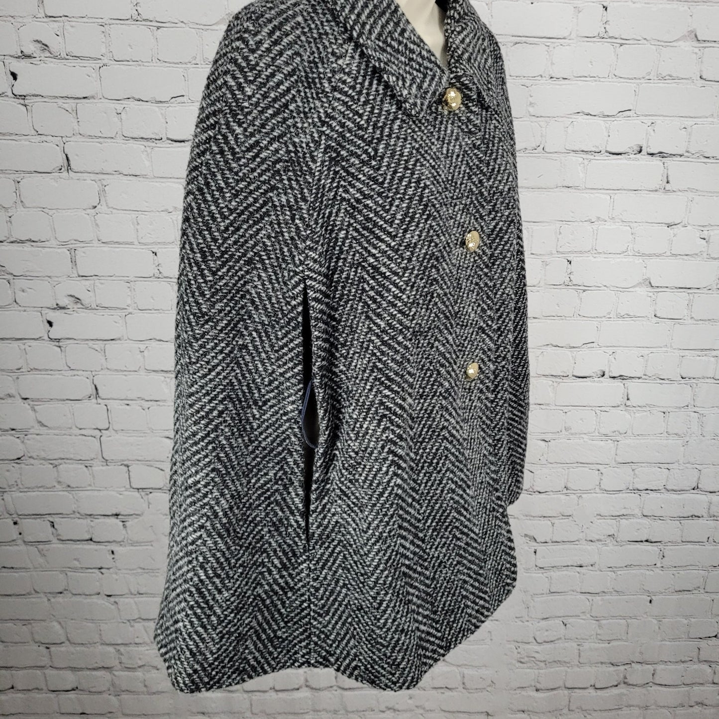 Draper James Black White Wool Blend Tweed Belted Sleeveless Cape Coat Size M/L