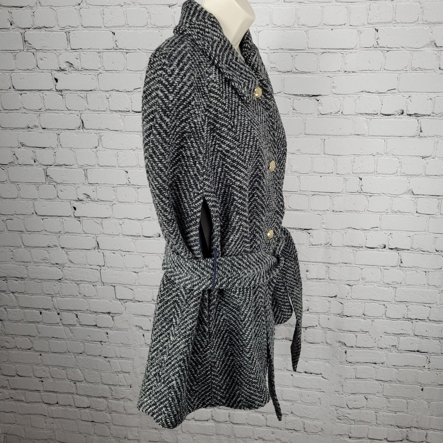 Draper James Black White Wool Blend Tweed Belted Sleeveless Cape Coat Size M/L