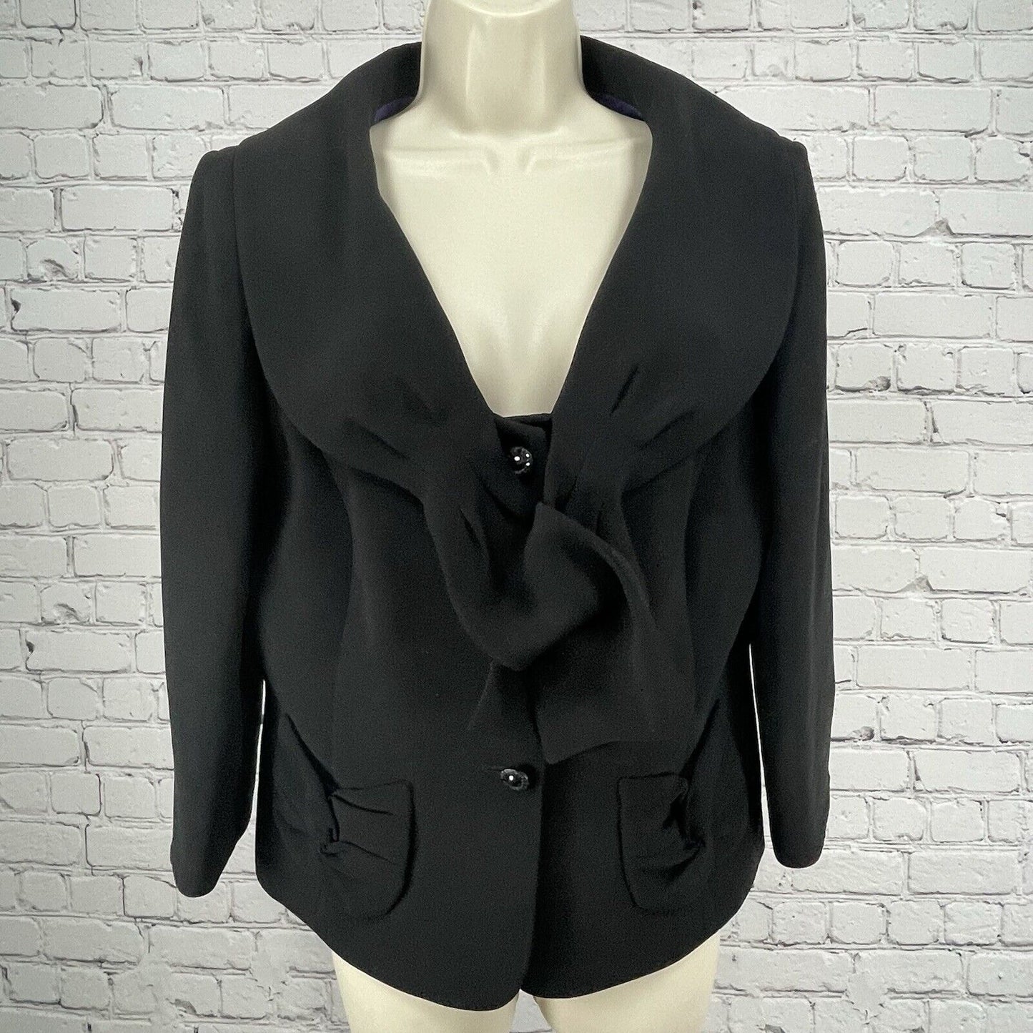 Tahari Black Lined 4 Button Bow Collar Pocketed Ventless Blazer Size 12