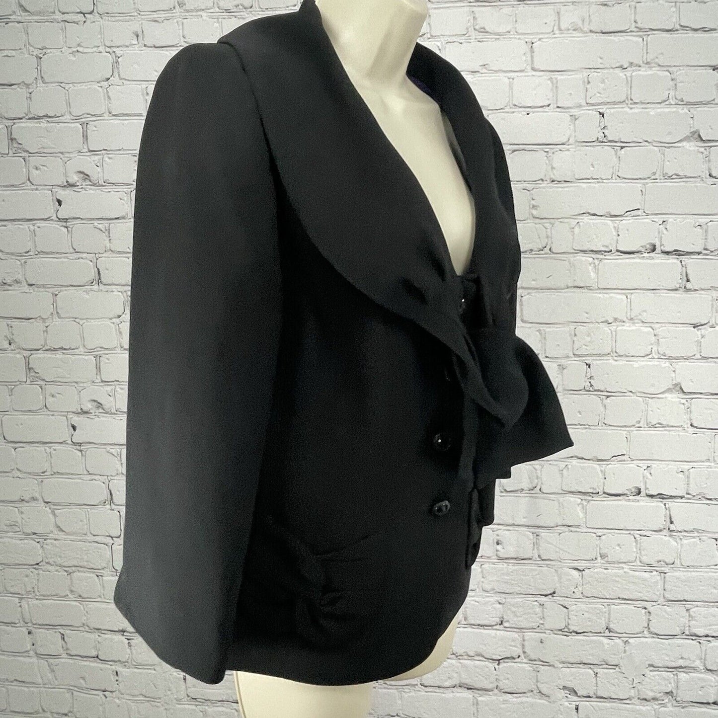 Tahari Black Lined 4 Button Bow Collar Pocketed Ventless Blazer Size 12
