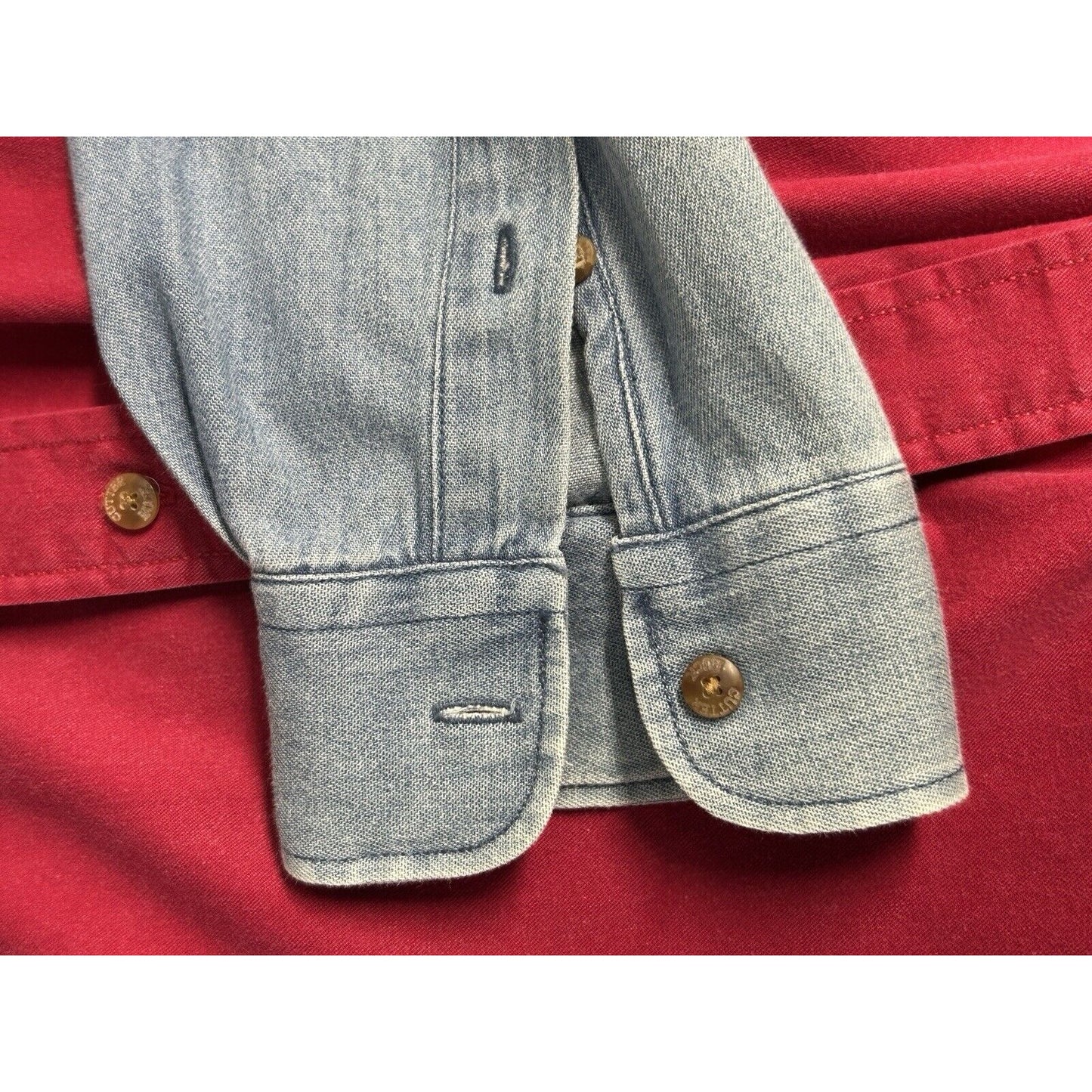 Cutter & Buck Red Denim Color Block Cotton Button Up Long Sleeve Size Medium M