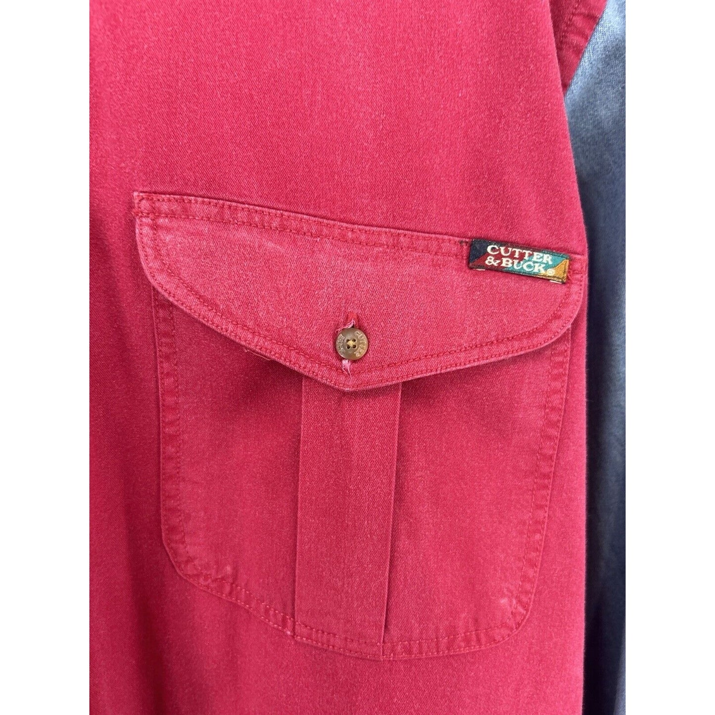 Cutter & Buck Red Denim Color Block Cotton Button Up Long Sleeve Size Medium M