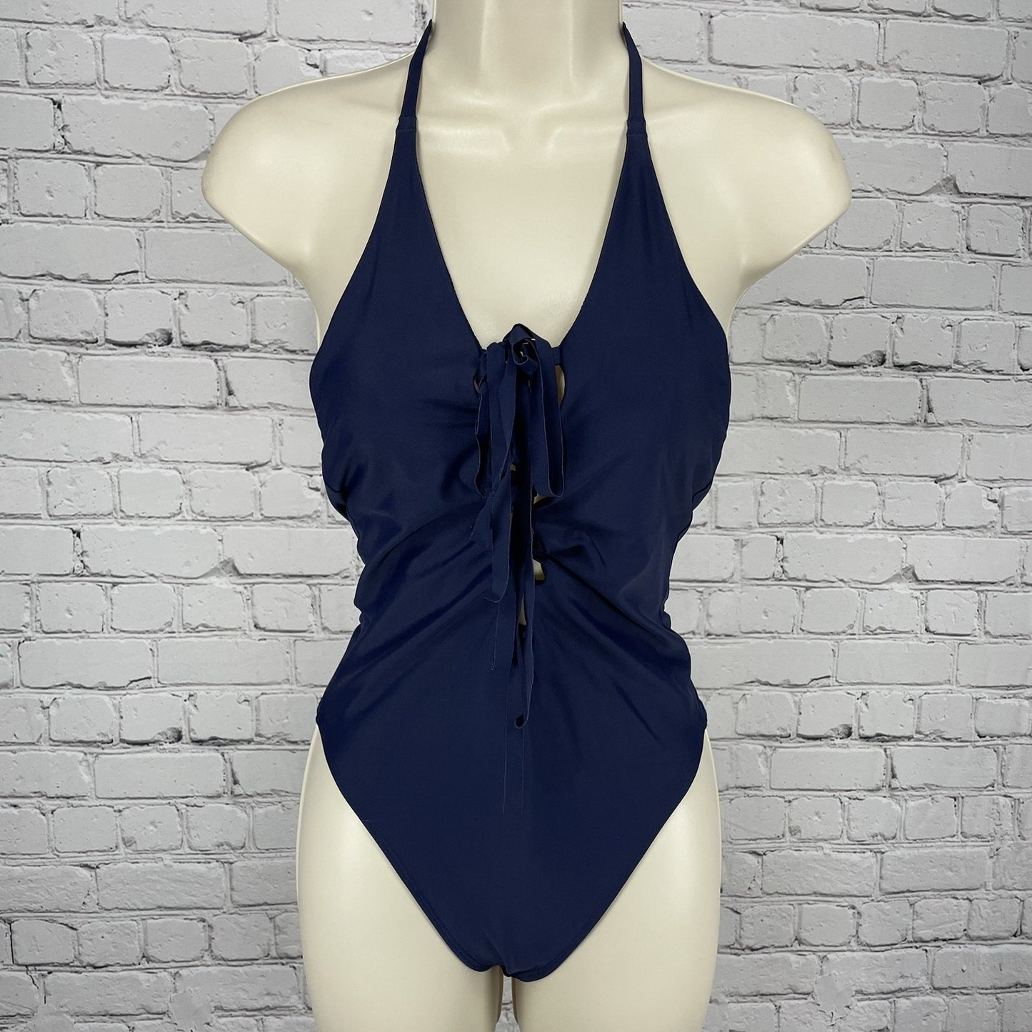 Aerie Blue Front Strappy Tie Halter Backless Cheeky One Piece Swimsuit Small S