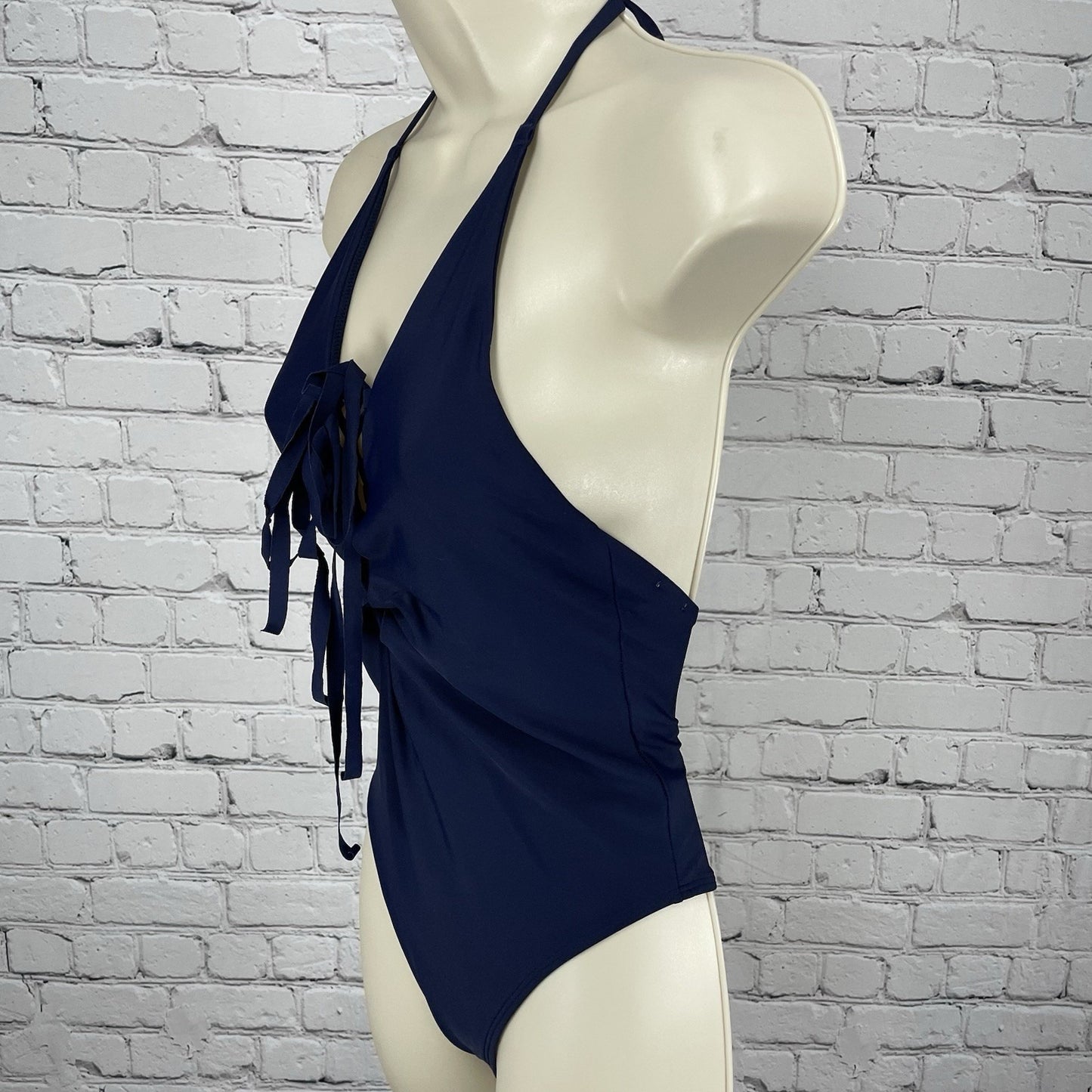 Aerie Blue Front Strappy Tie Halter Backless Cheeky One Piece Swimsuit Small S