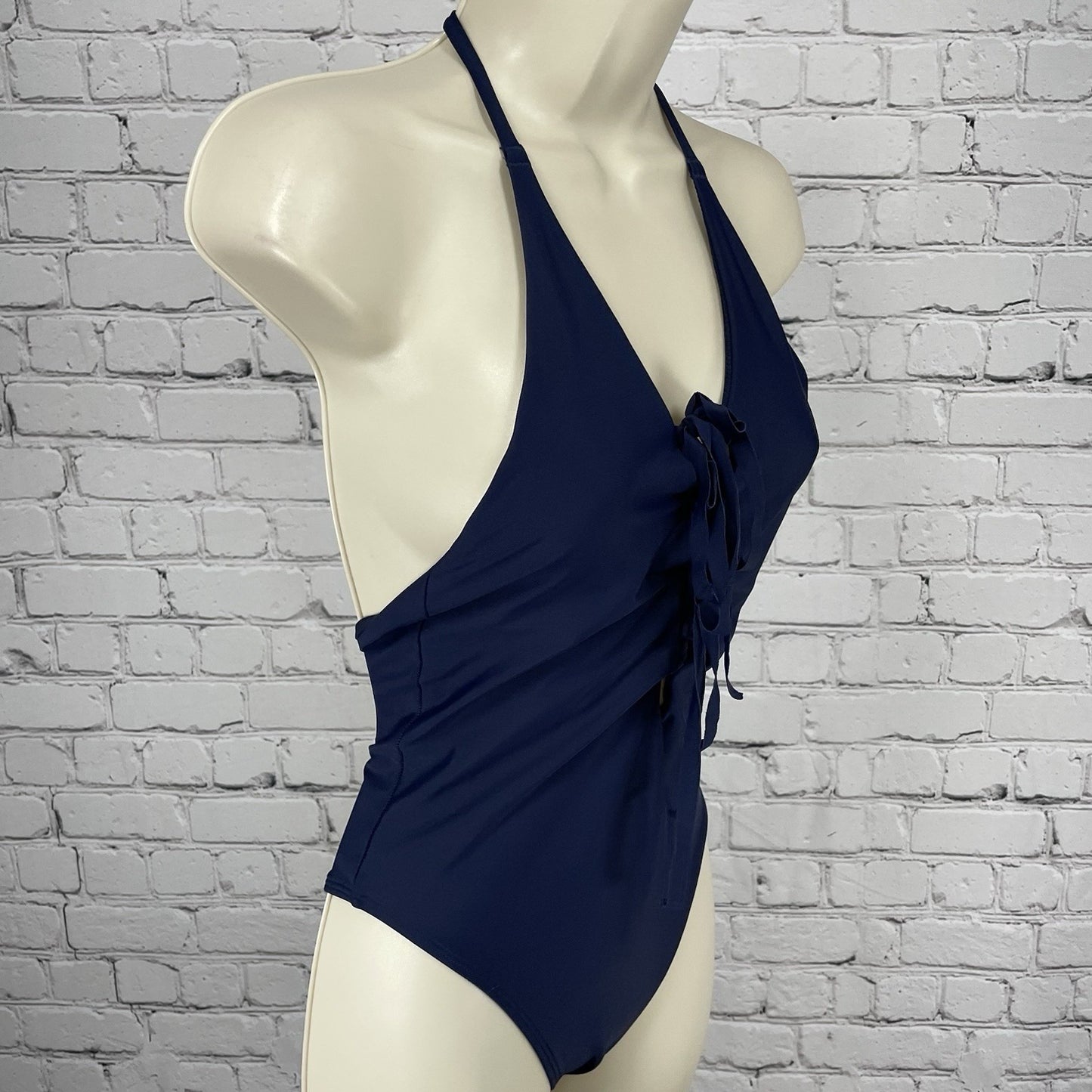 Aerie Blue Front Strappy Tie Halter Backless Cheeky One Piece Swimsuit Small S