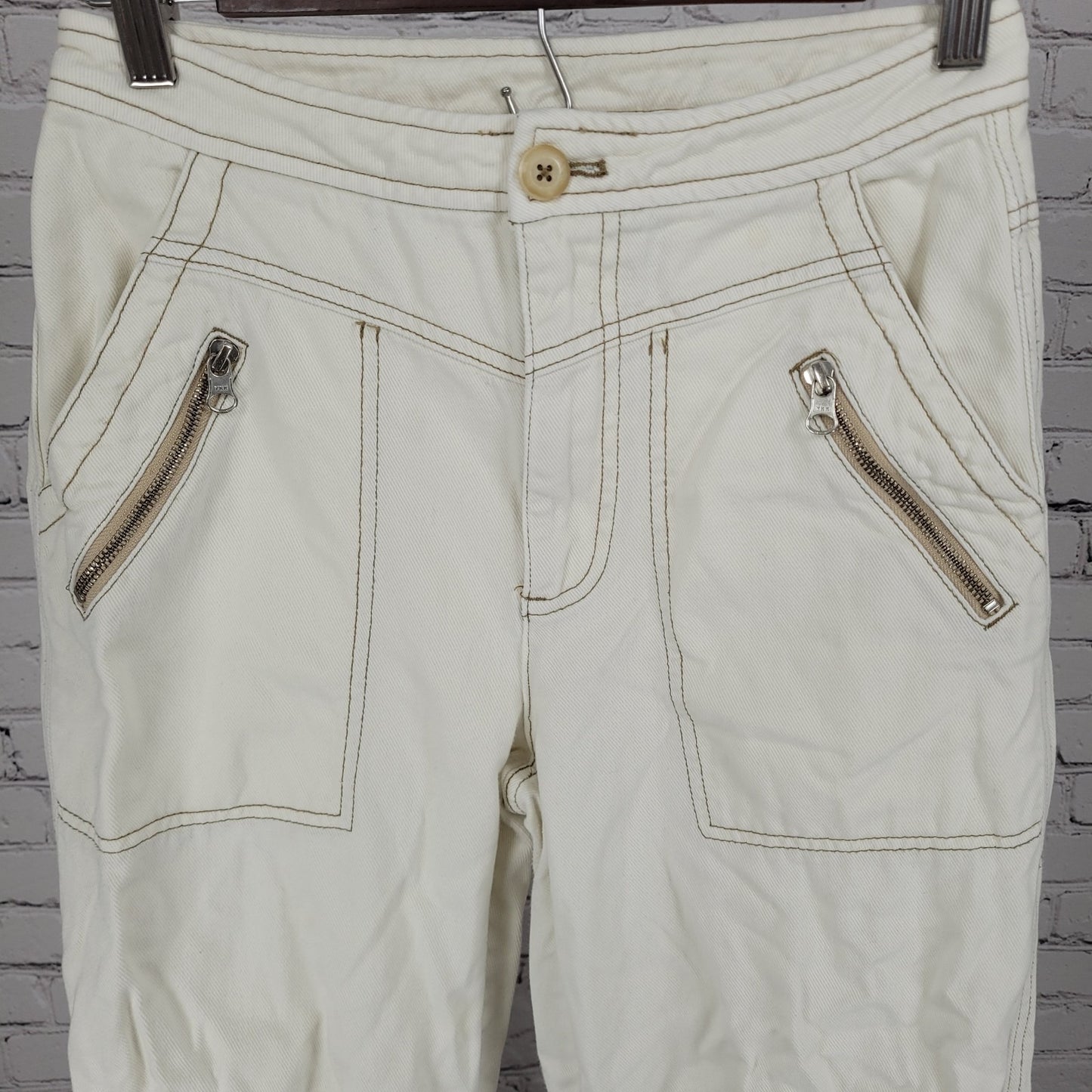Free People Natural White Cotton Zip Cargo Pocket Button Leg Jeans 2 (26x25)