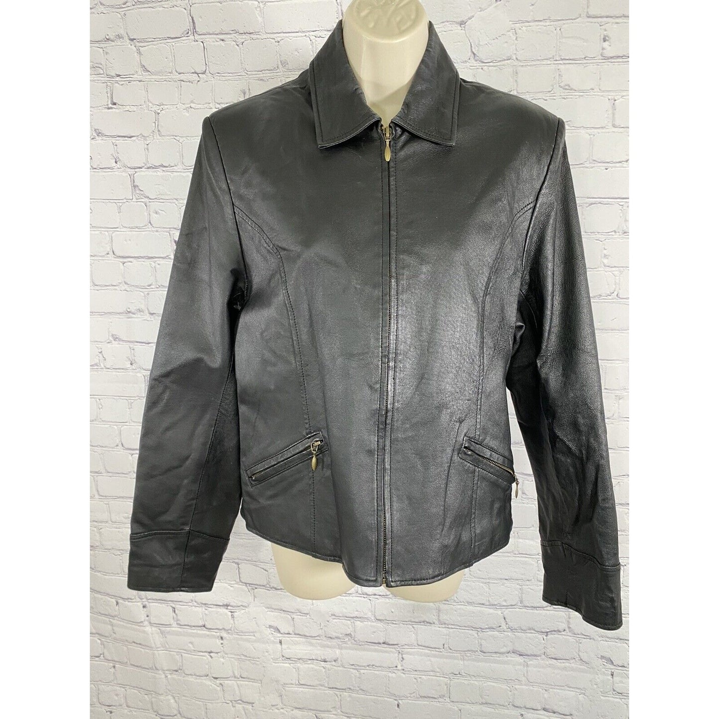 Passports 100% Leather Black Collared Full Zip Pocket Long Sleeve Jacket L Large