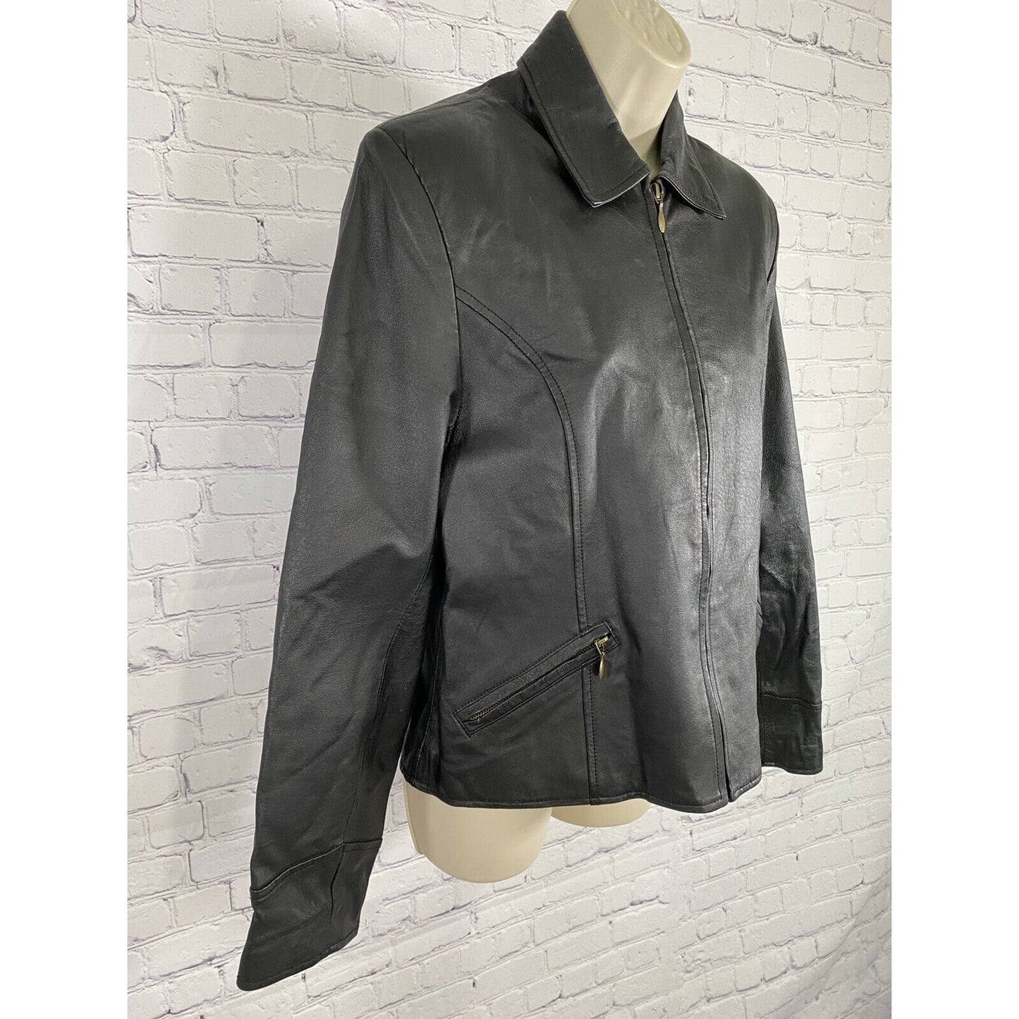 Passports 100% Leather Black Collared Full Zip Pocket Long Sleeve Jacket L Large