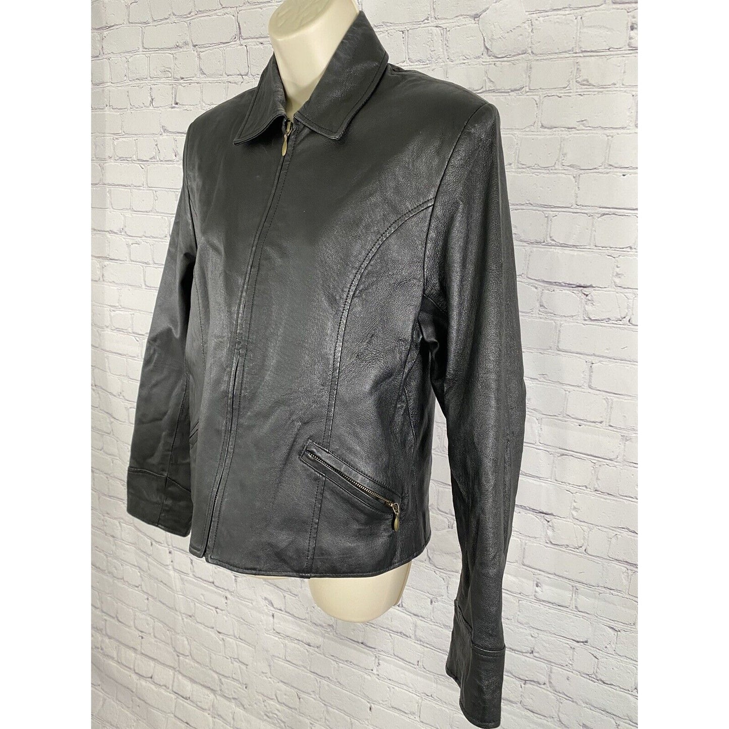 Passports 100% Leather Black Collared Full Zip Pocket Long Sleeve Jacket L Large