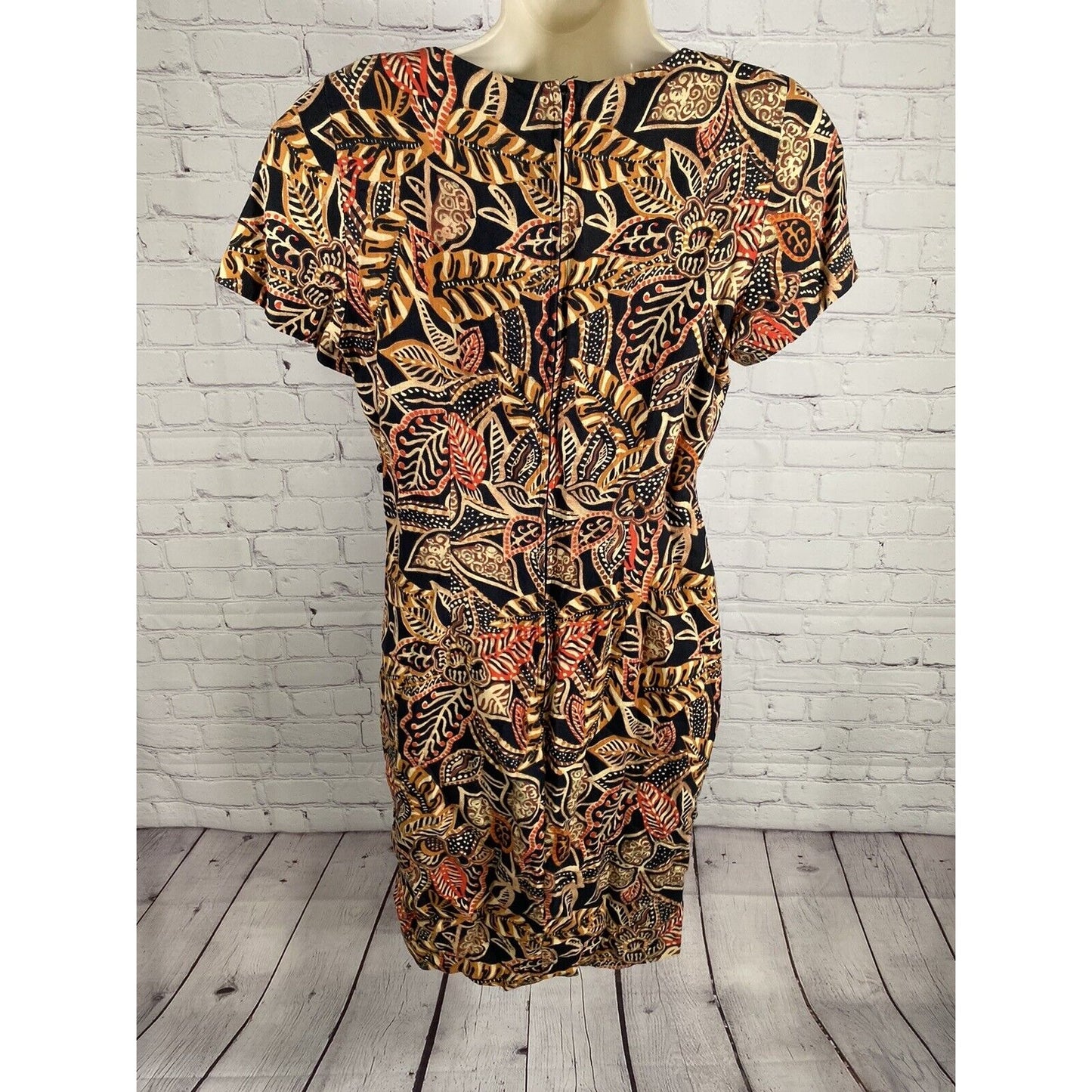 VTG Maggy London Earth Toned Leaf Print Beaded Accent Shoulder Pad Shift Dress 8