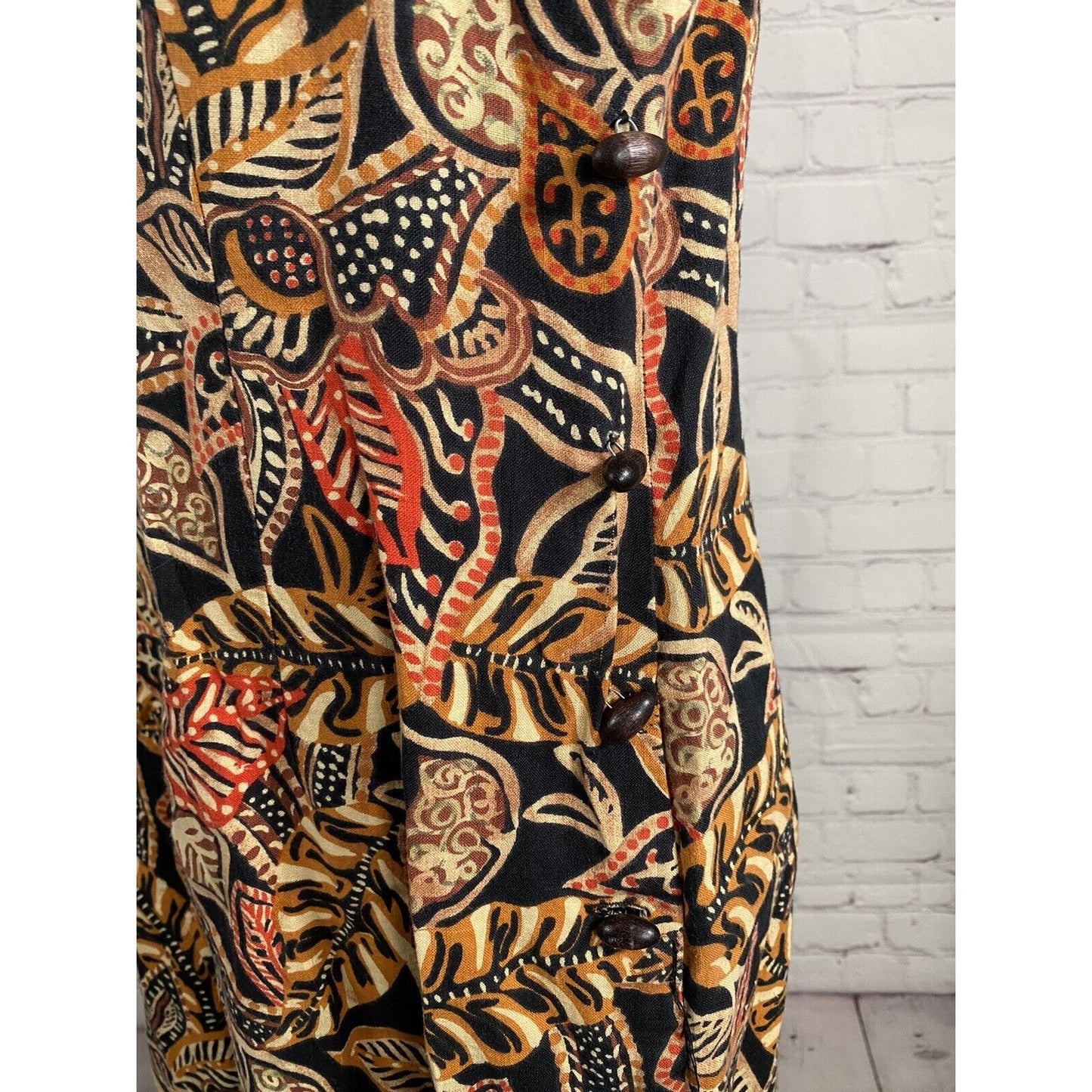 VTG Maggy London Earth Toned Leaf Print Beaded Accent Shoulder Pad Shift Dress 8