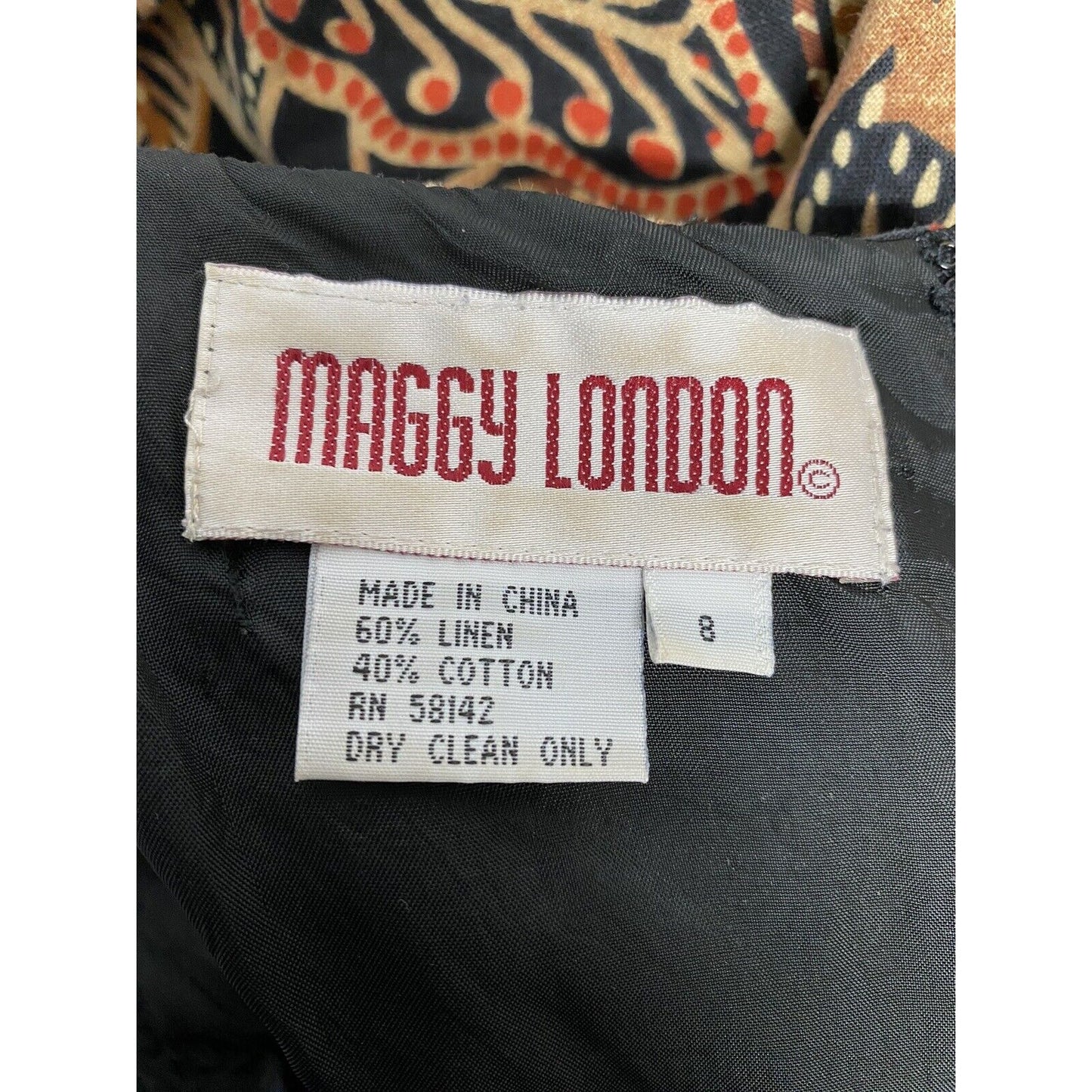 VTG Maggy London Earth Toned Leaf Print Beaded Accent Shoulder Pad Shift Dress 8
