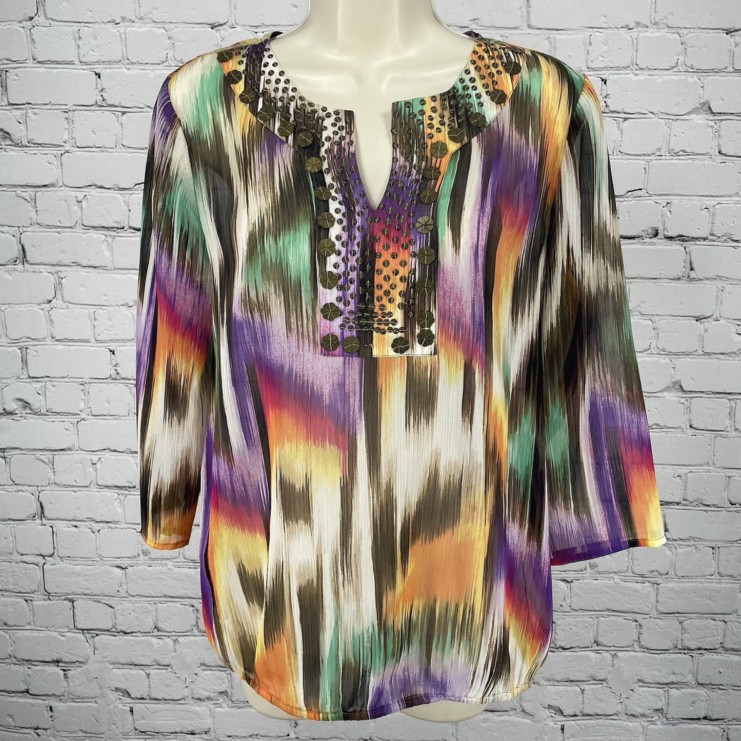 Chico’s Multicolor Chiffon Sheer Embellished 3/4 Sleeve Blouse Top Size 0 US 4