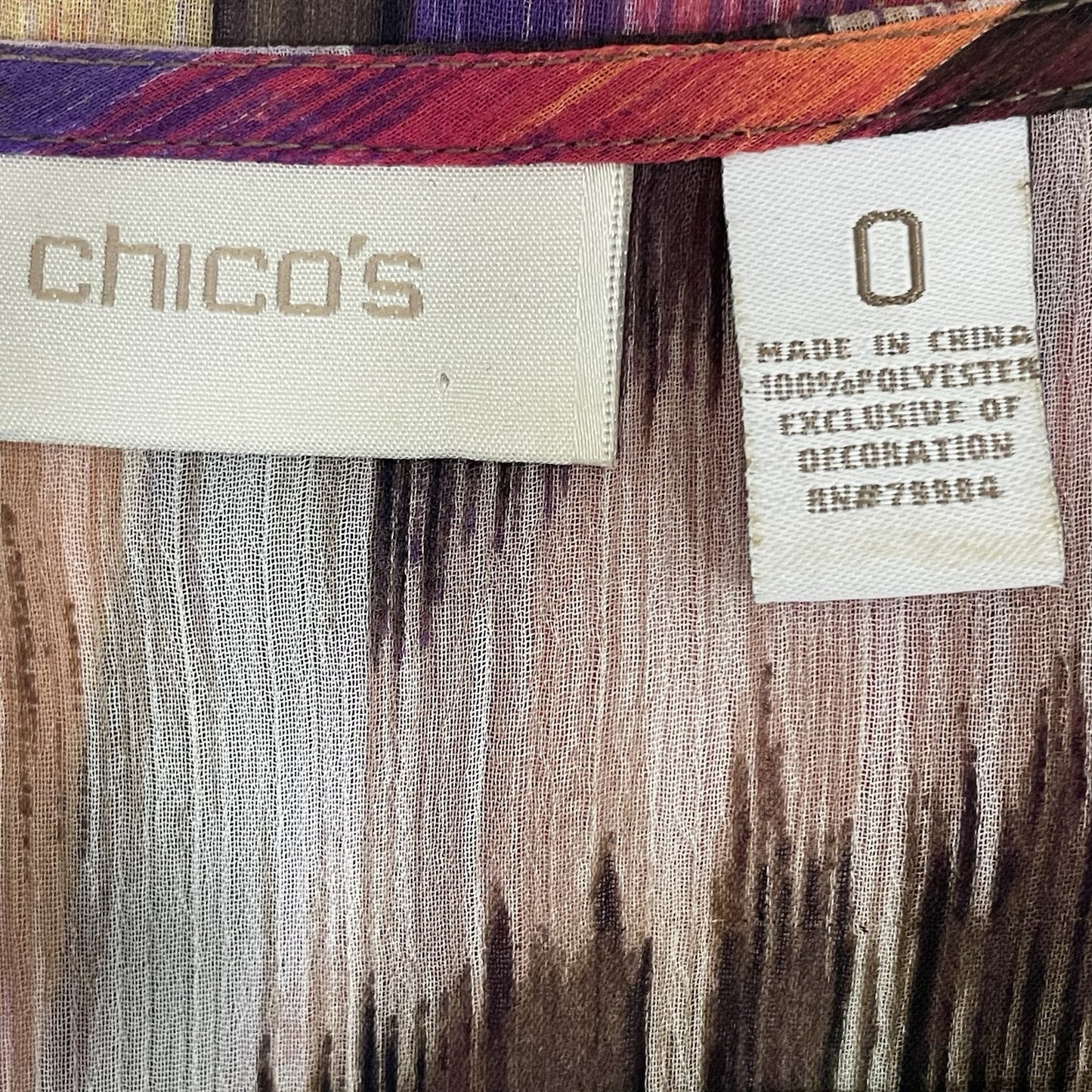Chico’s Multicolor Chiffon Sheer Embellished 3/4 Sleeve Blouse Top Size 0 US 4